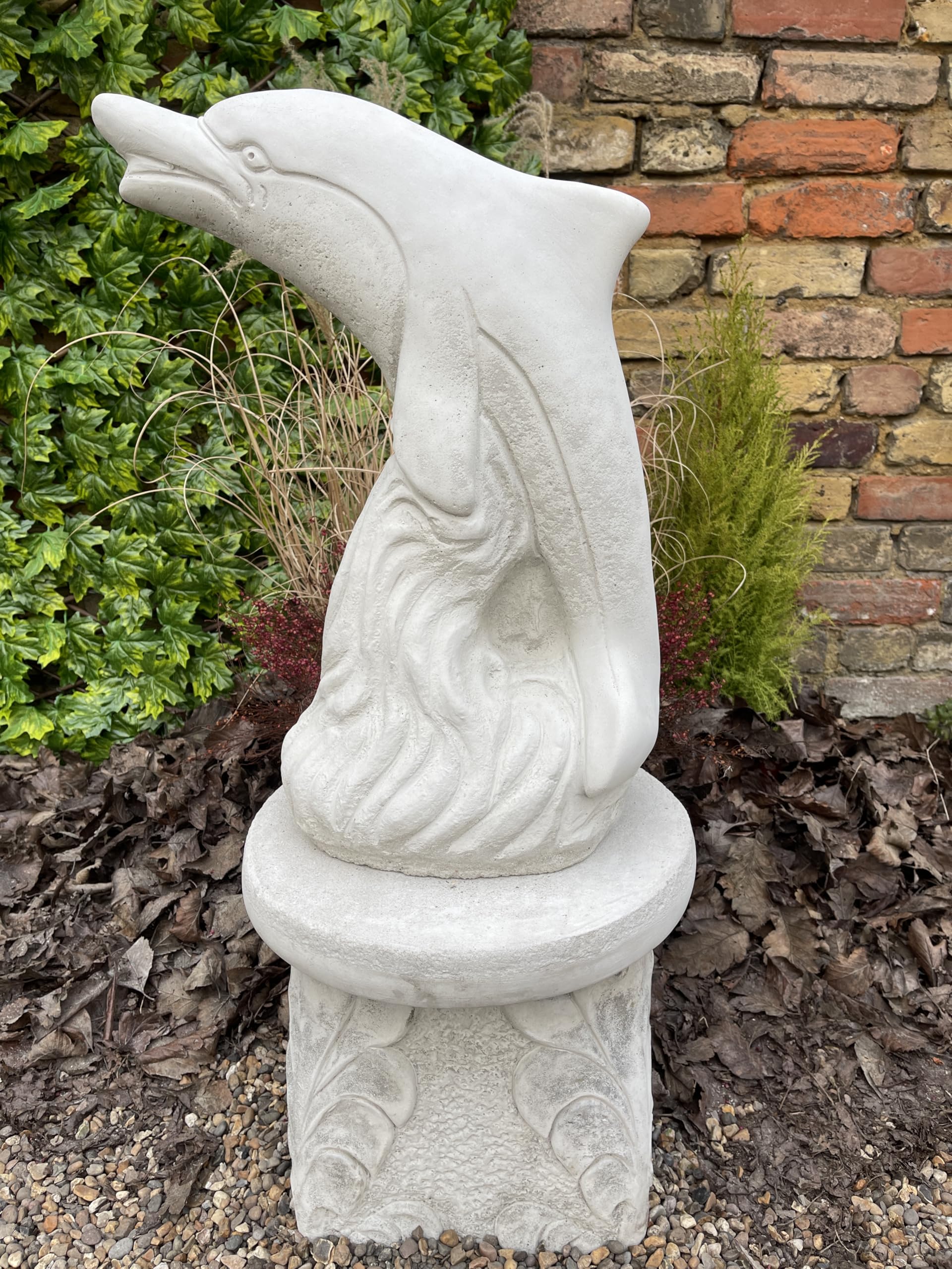 OLOMA Stone dolphin sculpture Cement dolphin garden statue Ocean-inspired animal decor Handmade dolphin figurine Coastal outdoor ornament Rustic marine life sculpture Dolphin lover gift