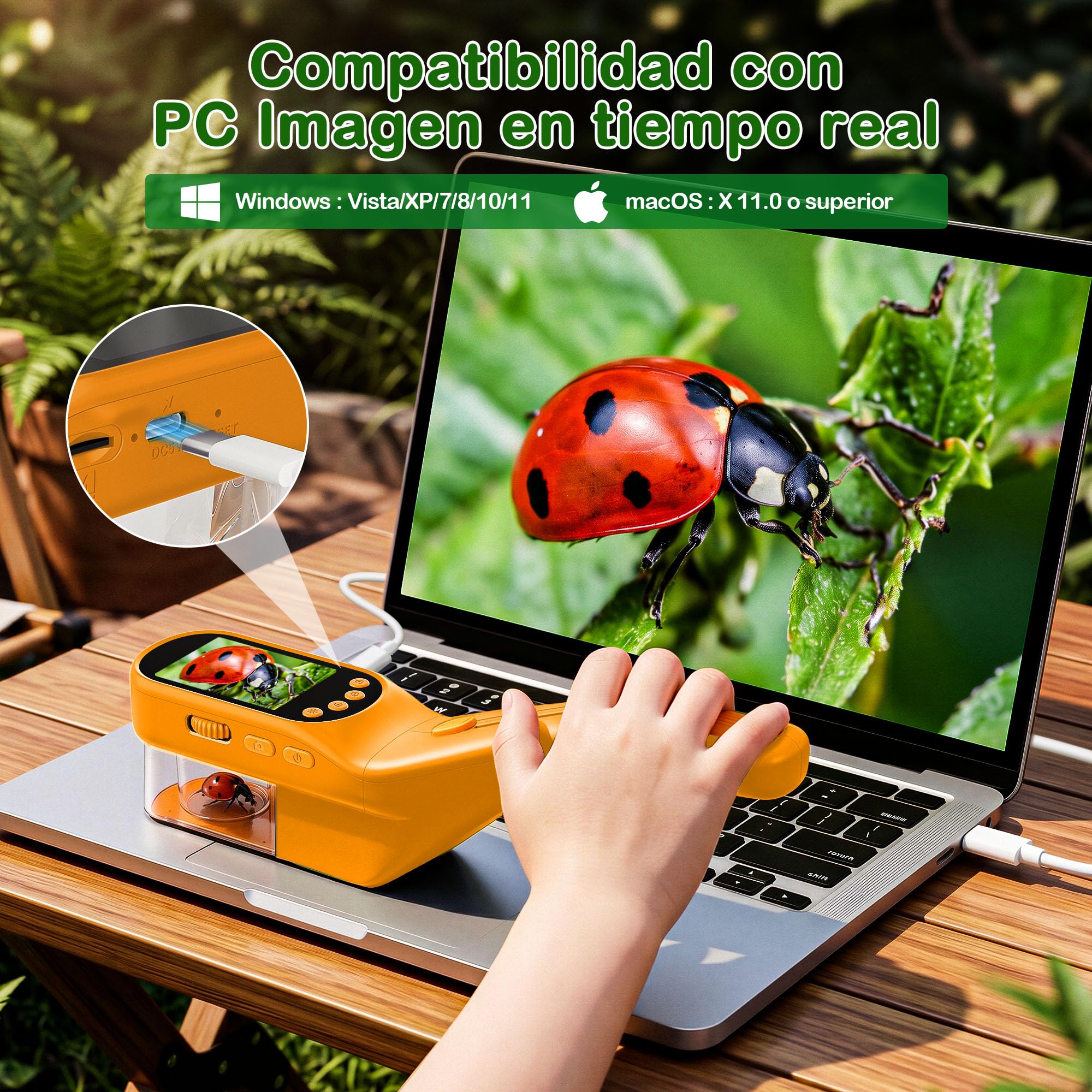 CIMELR Atrapa Insectos 2,4" HD microscopio – Juguete Naturaleza para niños | Atrapa insectos batería 1000mAh, 8 LED, cámara 1080P, proyección PC, kit STEM 3-12 años