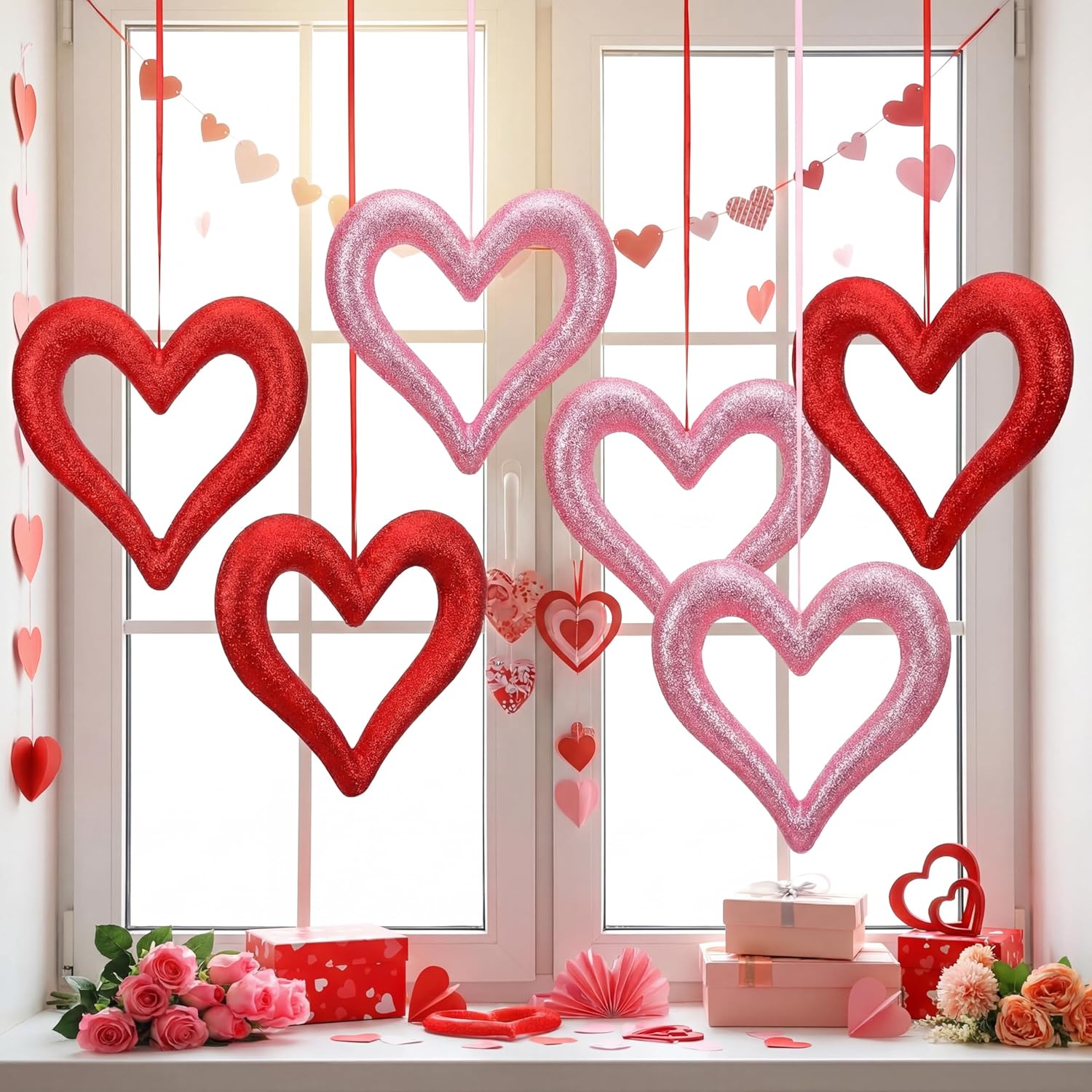 6 Pcs Large Heart Ornaments for Valentines 10'' 3D Glitter Heart Hanging Ornament for Tree Wreath Door Home Window Valentine's Day Wedding Holiday Decor(Red and Pink,Fine Glitter)