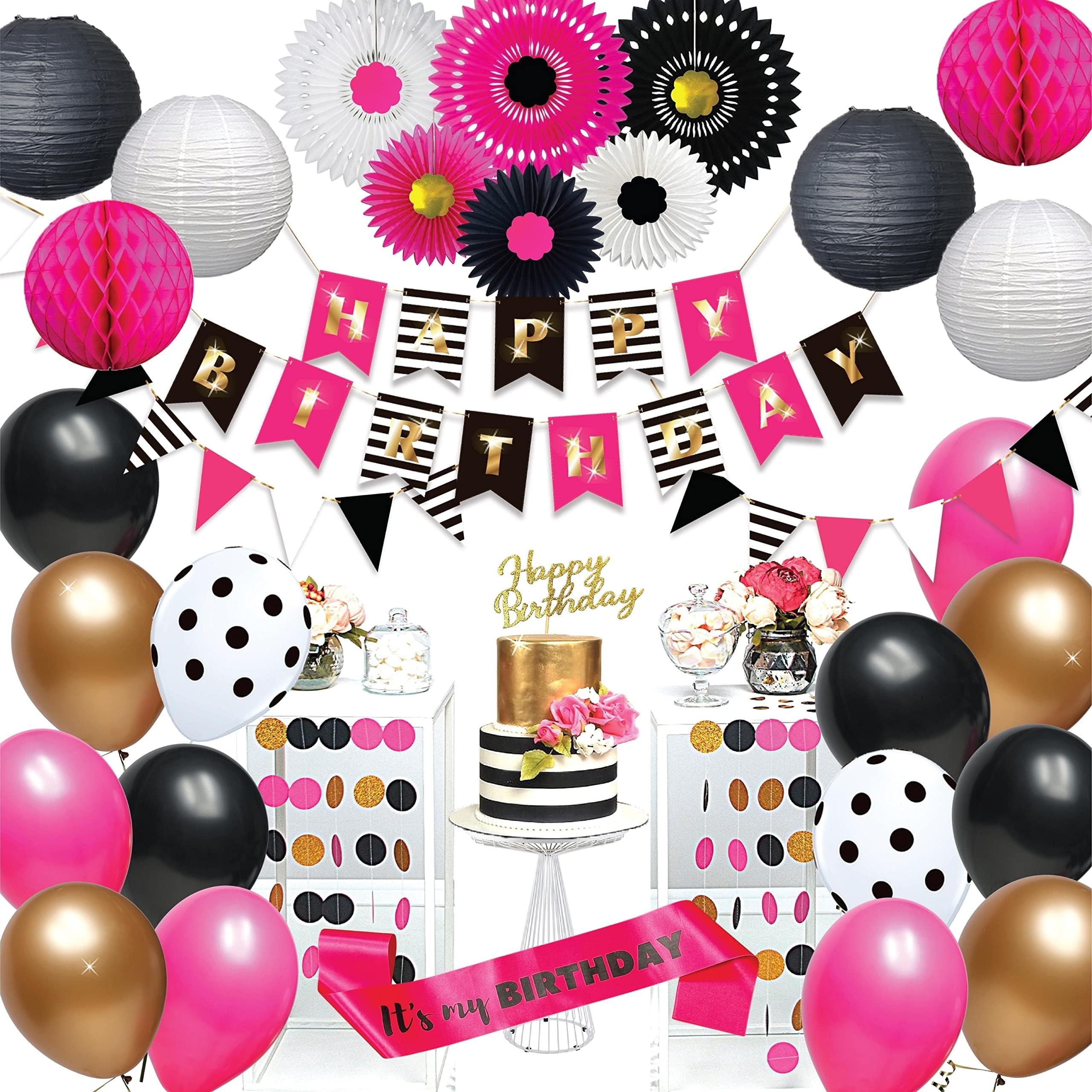 Hot Pink and Black Birthday Decorations for Women, Hot Pink and Black Party Decorations - Happy Birthday Banner Garland, Paper Decor, Balloons, Cake Topper, Sash and More