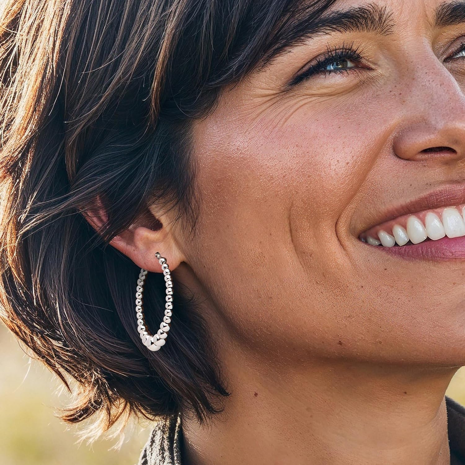 Ross-Simons Italian 3-6mm Sterling Silver Graduated Bead Hoop Earrings - Image 2