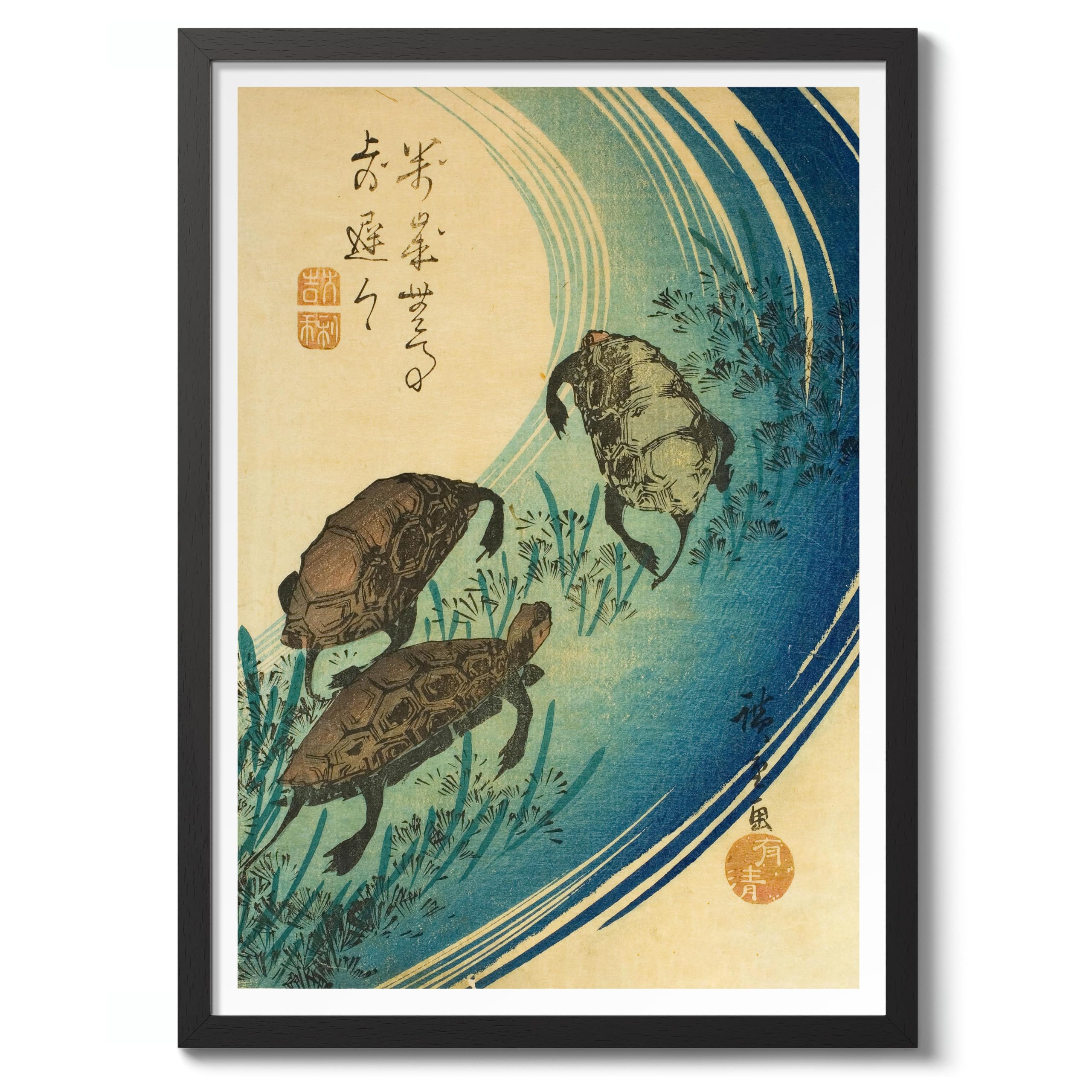 Turtles Swimming In A Stream Utagawa Hiroshige Poster, Japanese Woodblock Ukiyo-E Print, Vintage Art Picture Painting Wall Art Exhibition Bedroom Home Decor, A4 (Black Frame) - 32.7x24.1cm โ image 1