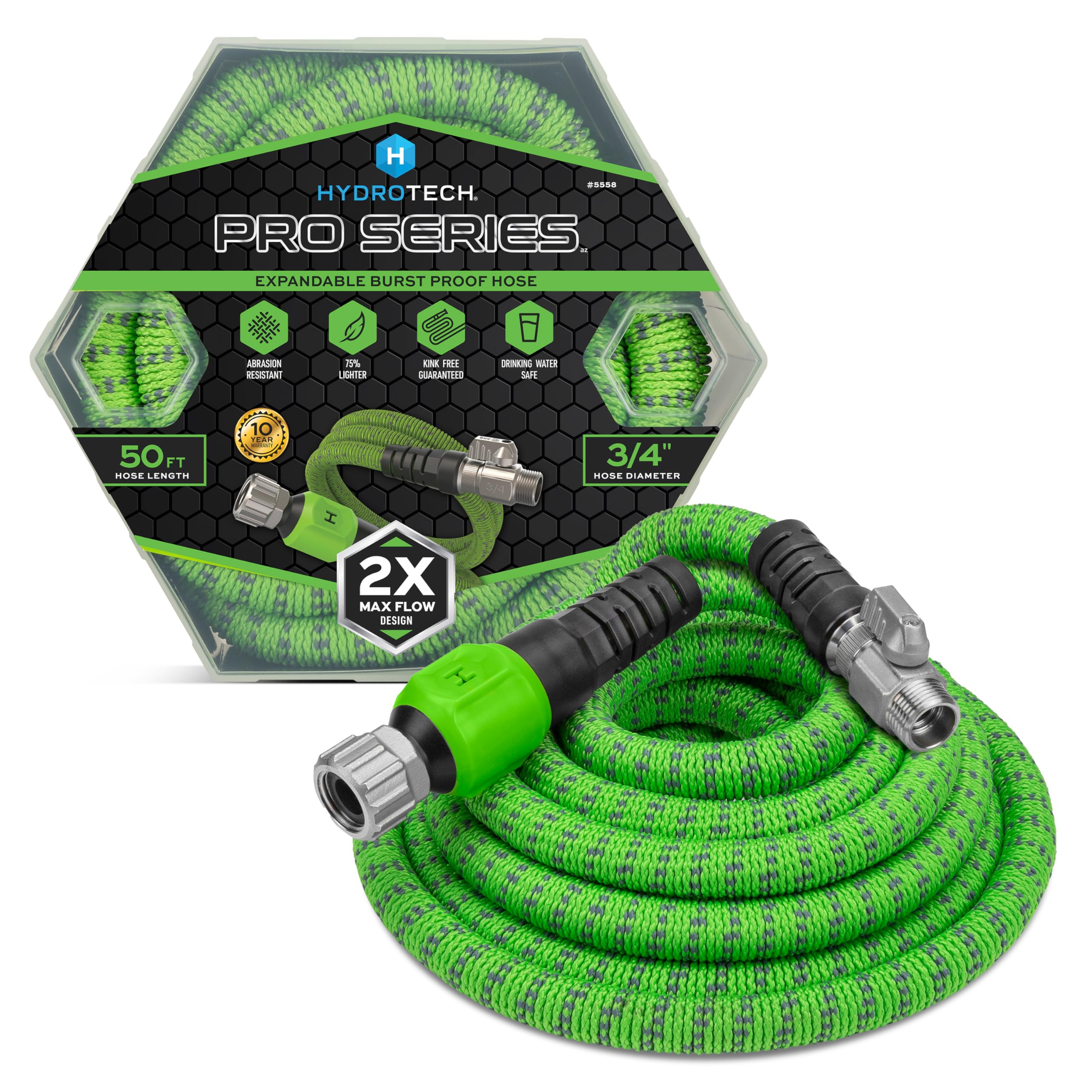HydroTech 50 ft Expandable Garden Hose - Pro Series, 2x Max Flow, 3/4