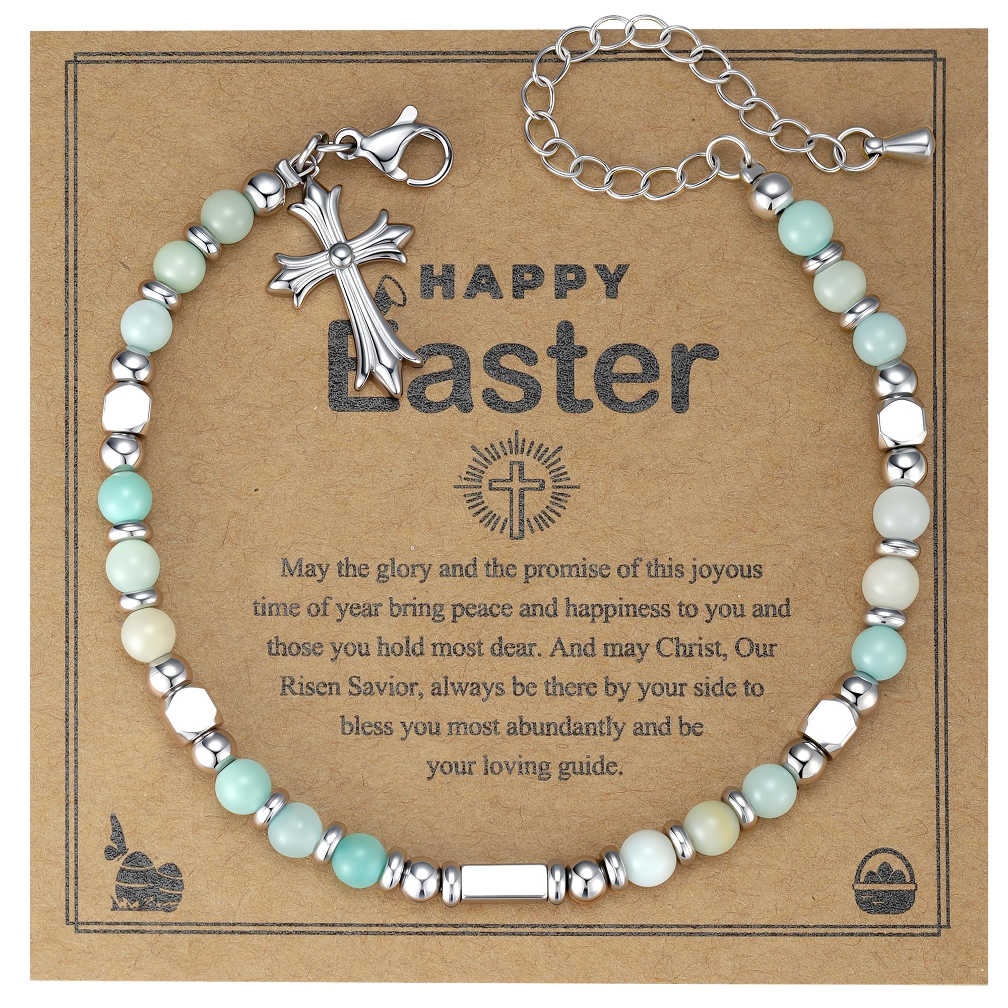 Hotbird Easter Basket Stuffers for Teens Girls: Cross Bracelet Gift Ideas - Tiny Gemstone Jewelry Beads for Women Kids Daughter Niece Granddaughter - Trendy Cute Beaded Christian Card