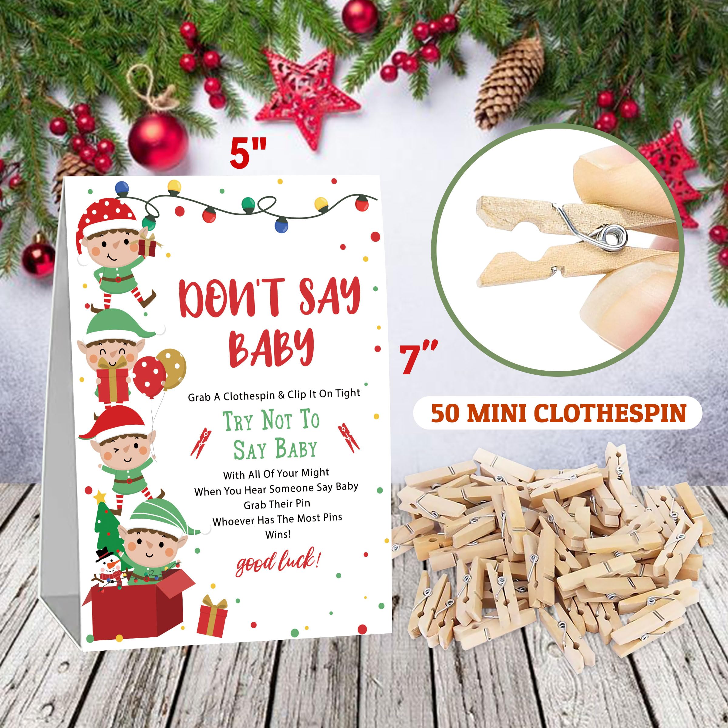 Christmas Don't Say Baby Game – 50 Clothespins & Sign For Holiday Baby Shower & Gender Reveal