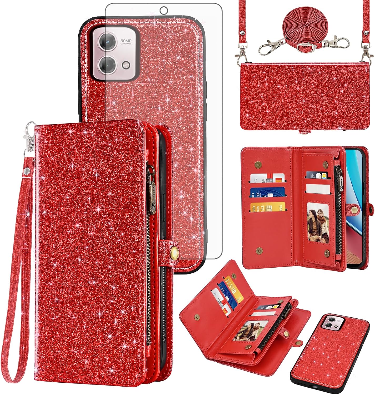 Asuwish Phone Case for Motorola Moto G Stylus 4G 2023 Zipper Wallet Detachable Cell Cover with Tempered Glass Screen Protector Wrist Strap Flip Card Holder Slot GStylus XT2317-1 XT2317-2 Women Purple