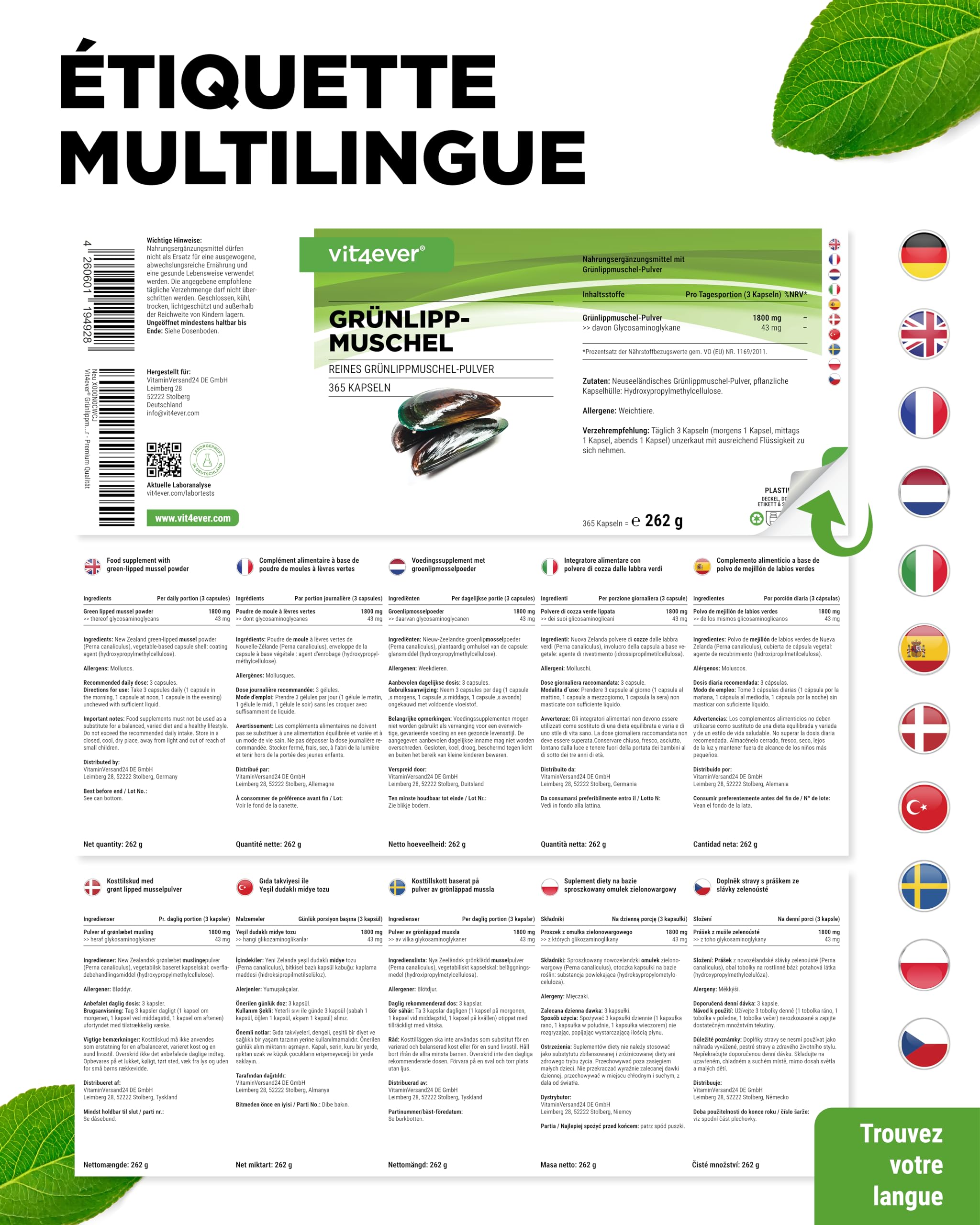 Moules aux Orles Verts - 365 capsules de 600 mg - Avec Glycosaminoglycanes - Extrait Hautement Dosé - 100% Poudre de Moules aux Orles Verts de Nouvelle-Zélande, sans Additifs.