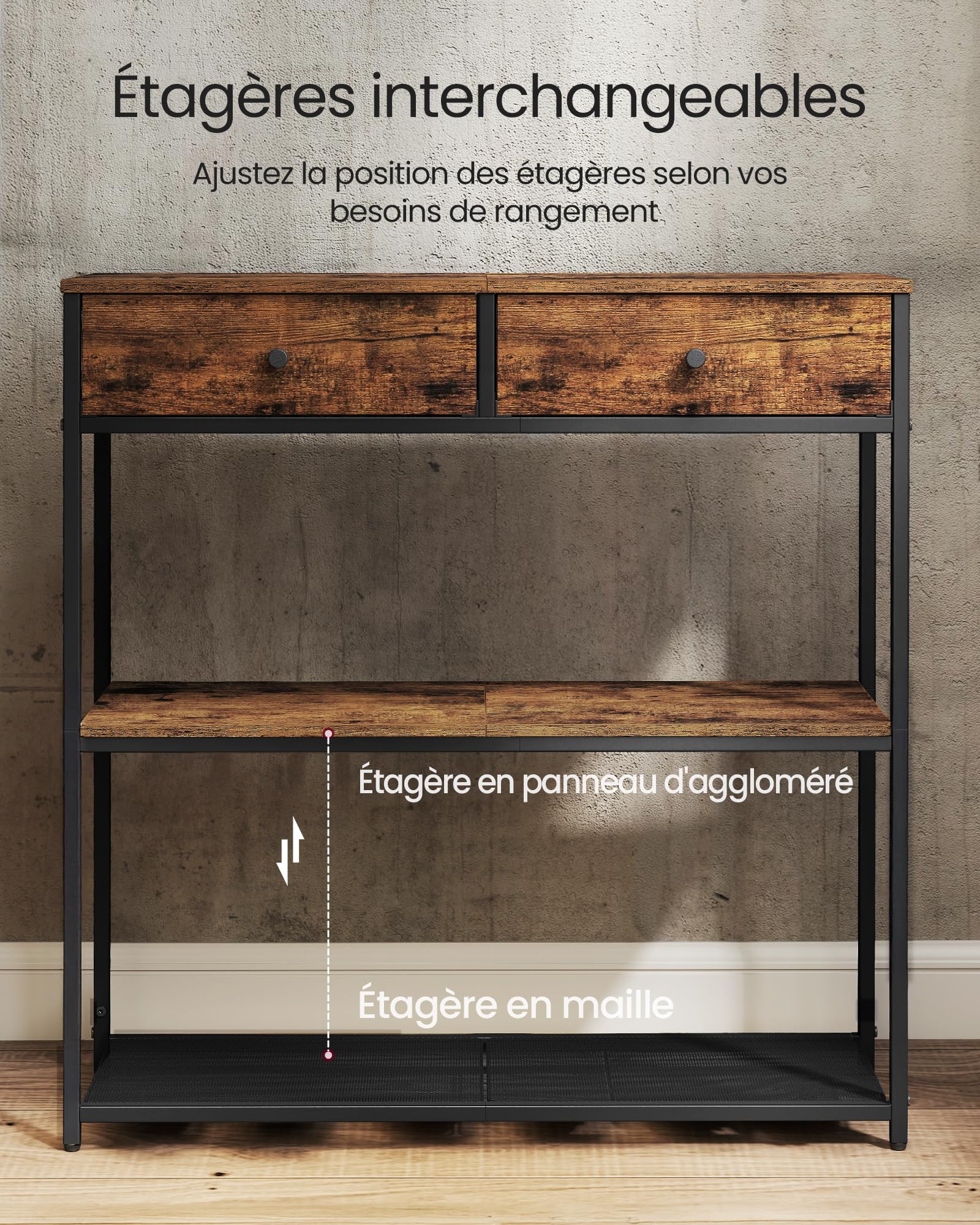 VASAGLE Table d'Entrée Étroite, avec 2 Tiroirs en Tissu, Meuble Console, Bout de Canapé sur 3 Niveaux, 24 x 76 x 80 cm, pour Entrée, Salon, Marron Rustique et Noir d'encre LNT092K01
