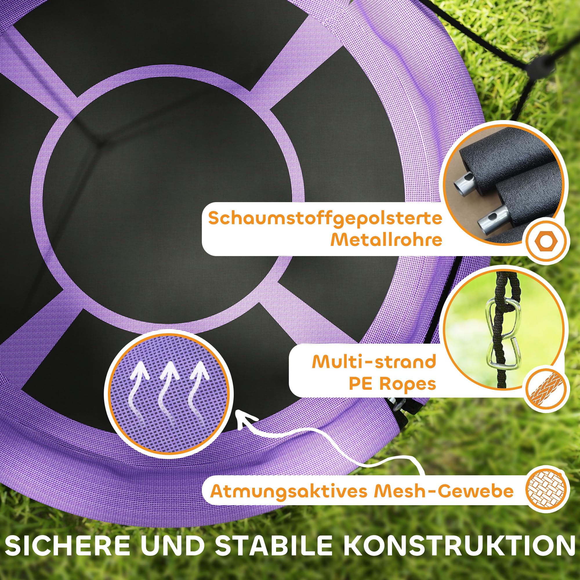 AIYAPLAY Nestschaukel Ø98 cm Höhenverstellbare bis 150 kg Lila+Schwarz | Gartenschaukel, Langlebig & Wetterfest Tellerschaukel, Hängeschaukel, Kinderschaukel, Outdoor Indoor, für Kinder Erwachsene