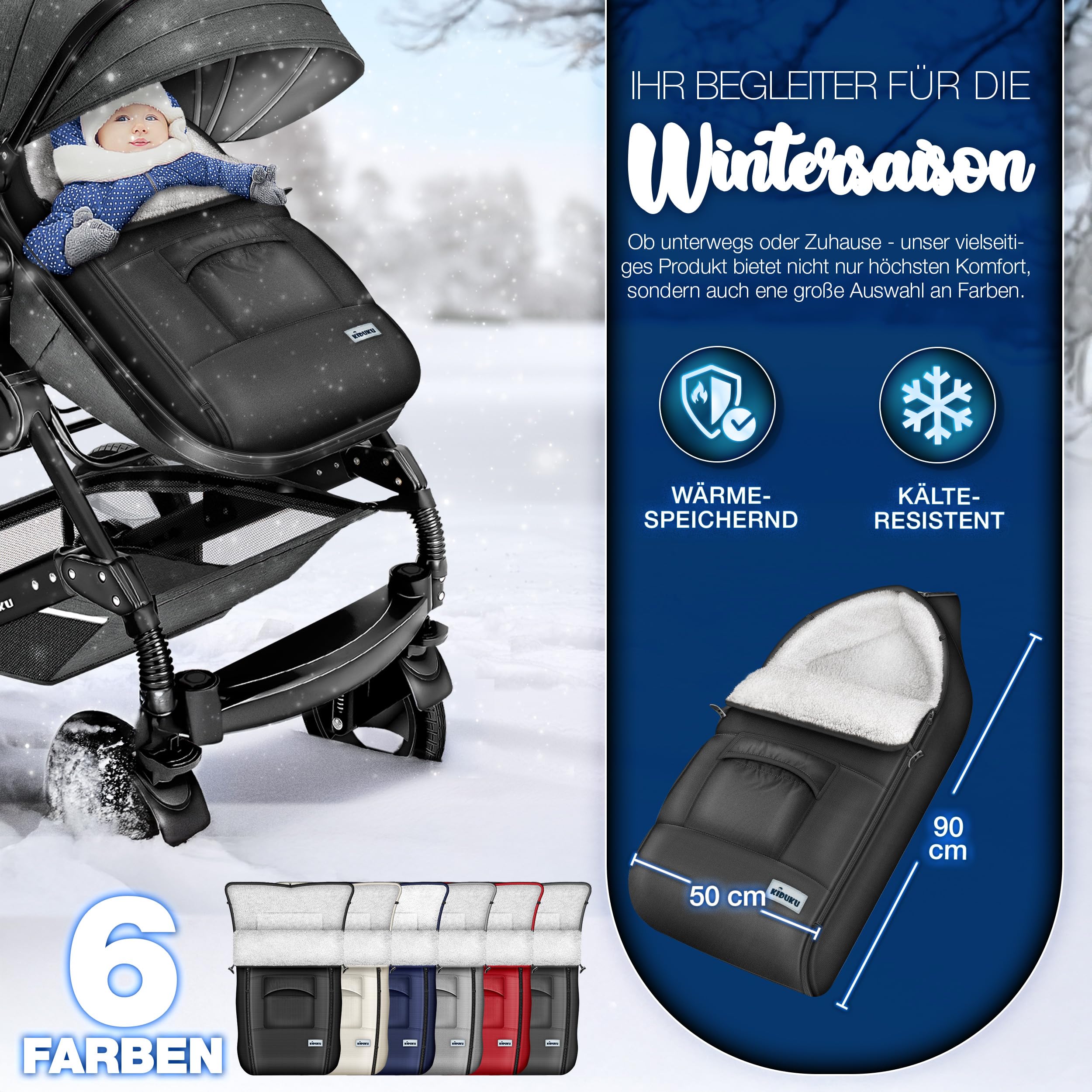 KIDUKU Winterfußsack für Kinderwagen Buggy - Babyfußsack waschbar | Fußsack Babyschale mit Reißverschluss & Tasche