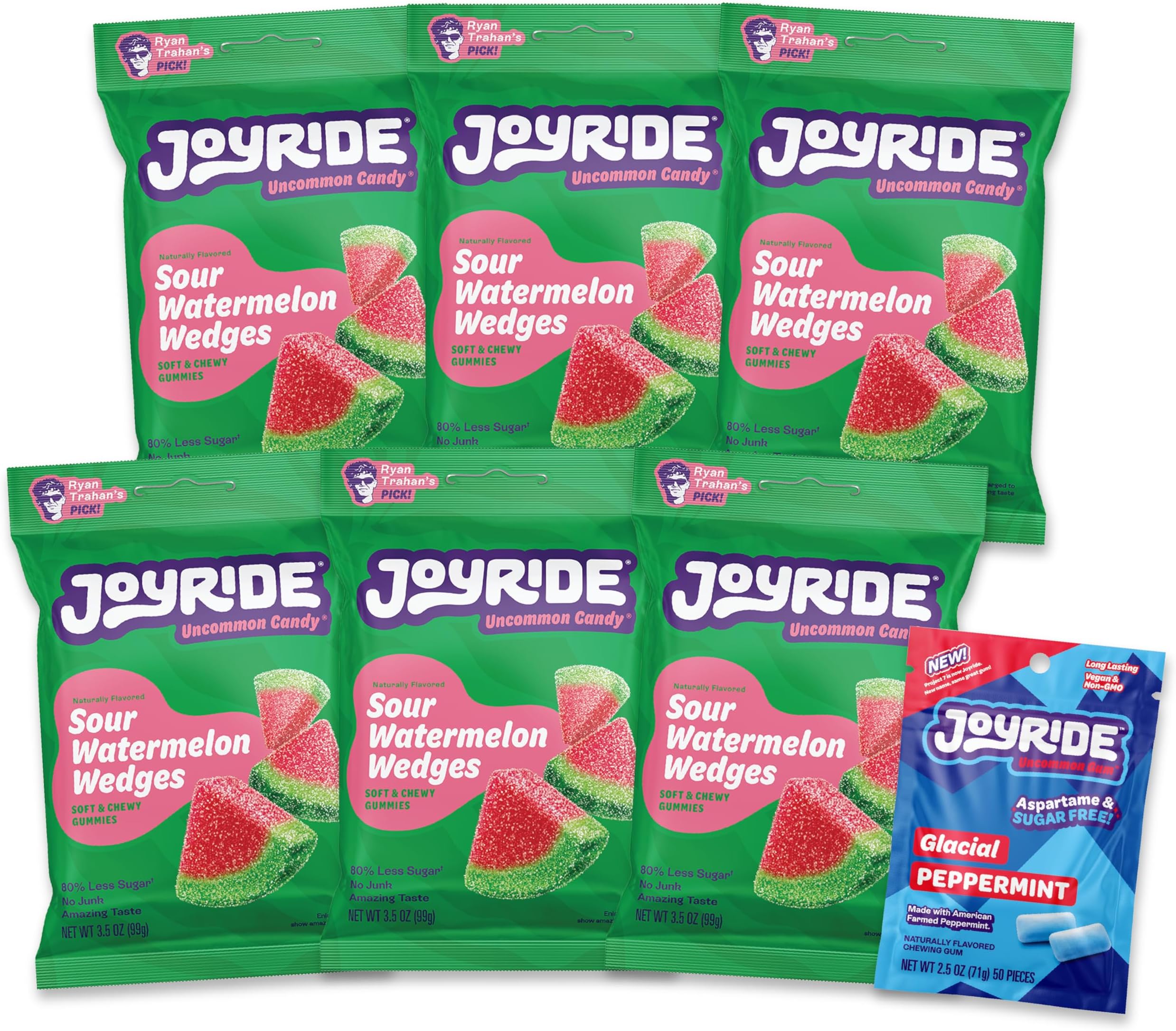 Sour Watermelon Wedges - 3.5 oz 6-Pack Bundle with 2.5oz Glacial Peppermint Gum, Low Sugar and Calories, Healthy Sour Candy, Watermelon Gummies (7 Items)