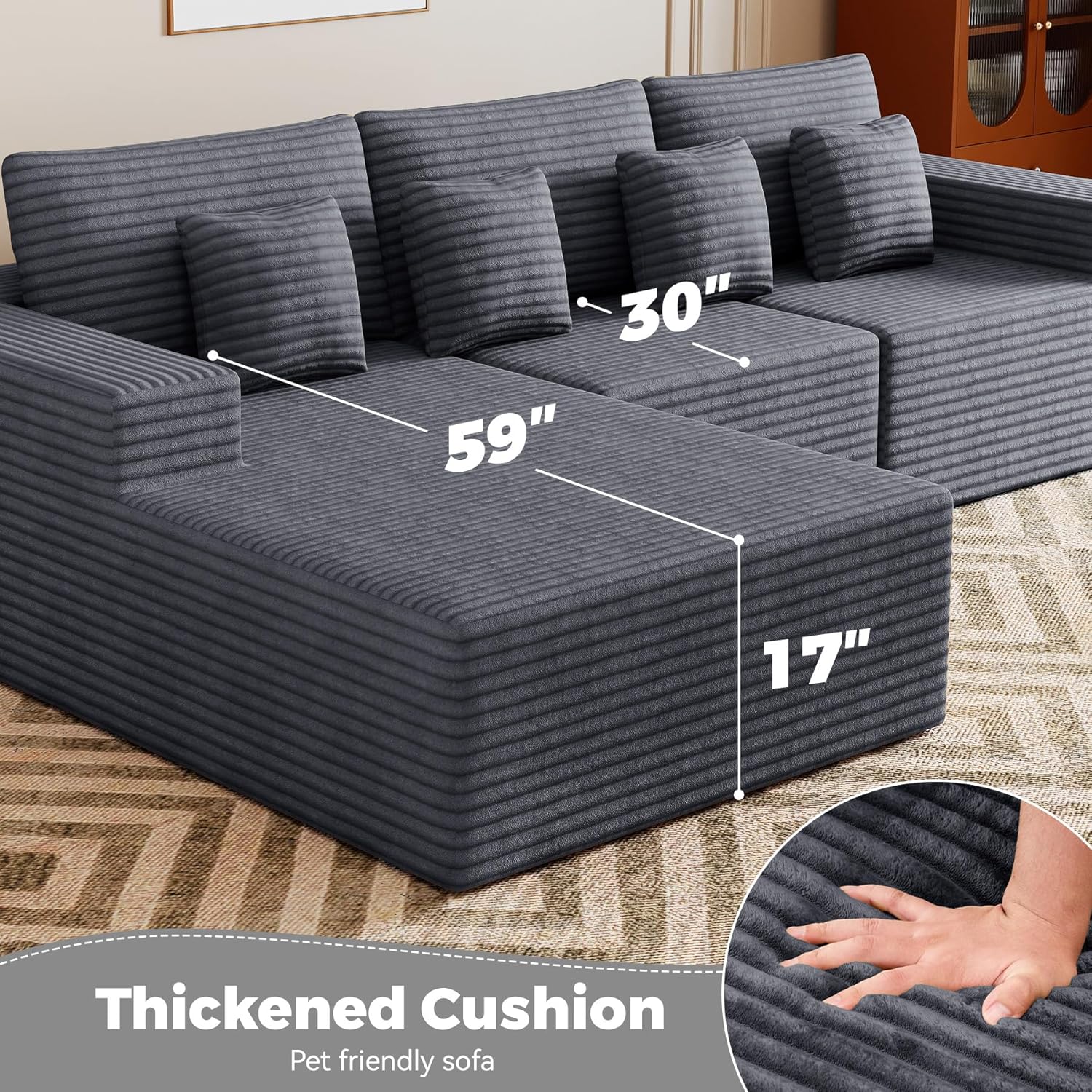 111‘’ Modular Sectional Cloud Couches with L Shaped Chaise, Upholstered Deep Seat Boneless Sofa for Living Room, Bedroom, No Assembly Required-Gray
