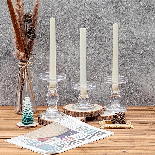 Miniatura 8 de YAKii Juego de 3 portavelas de cristal transparente, elegantes portavelas de cristal para velas cónicas de pilar y velas de té, perfecto para