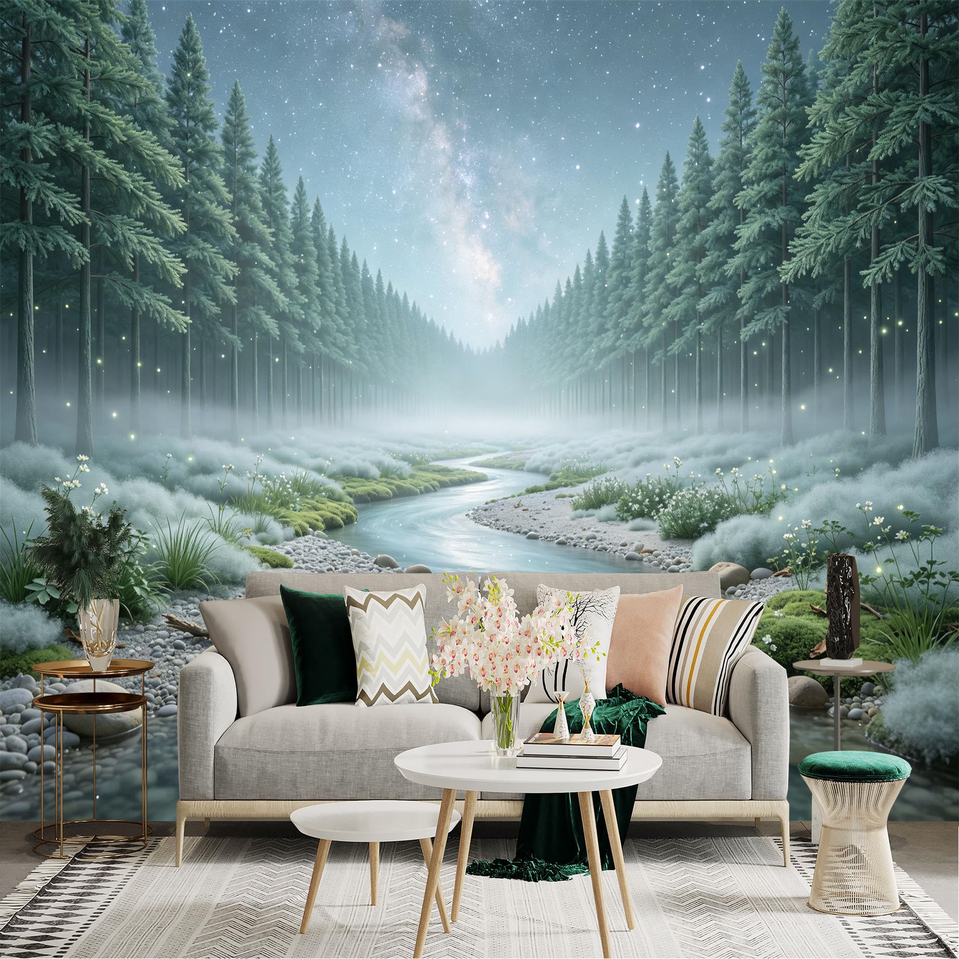 Lnzczhyre Bh260719299 Custom Size Wall Sticker Mural， Misty Forest Stream， Glowing Fireflies， Milky Way Galaxy， Serene Nature Landscape， For Wall Decoration， Peelandstick Wall Decals.