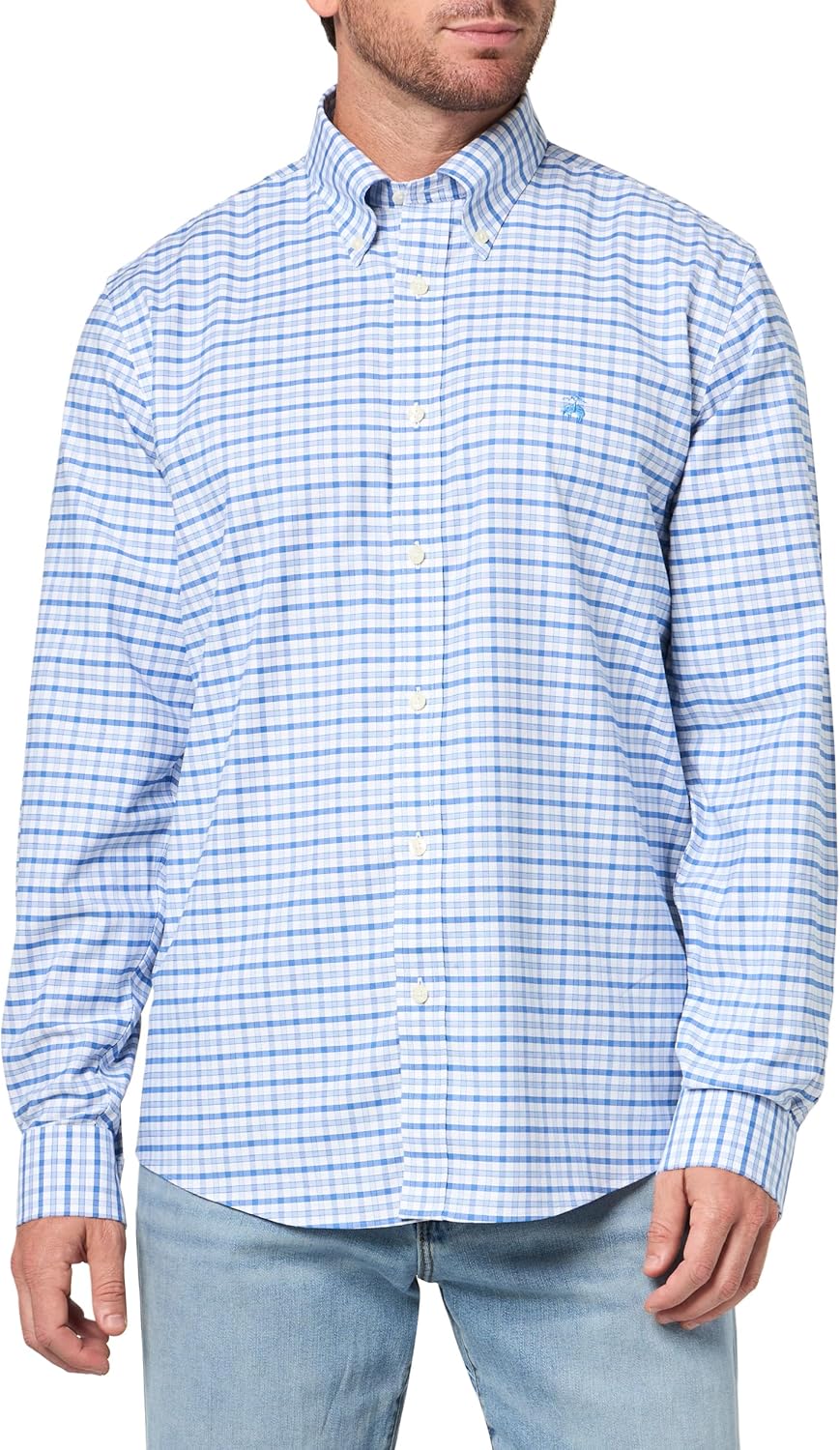 Stretch Cotton Non-Iron Oxford Polo Button-Down Collar, Outline Check Shirt