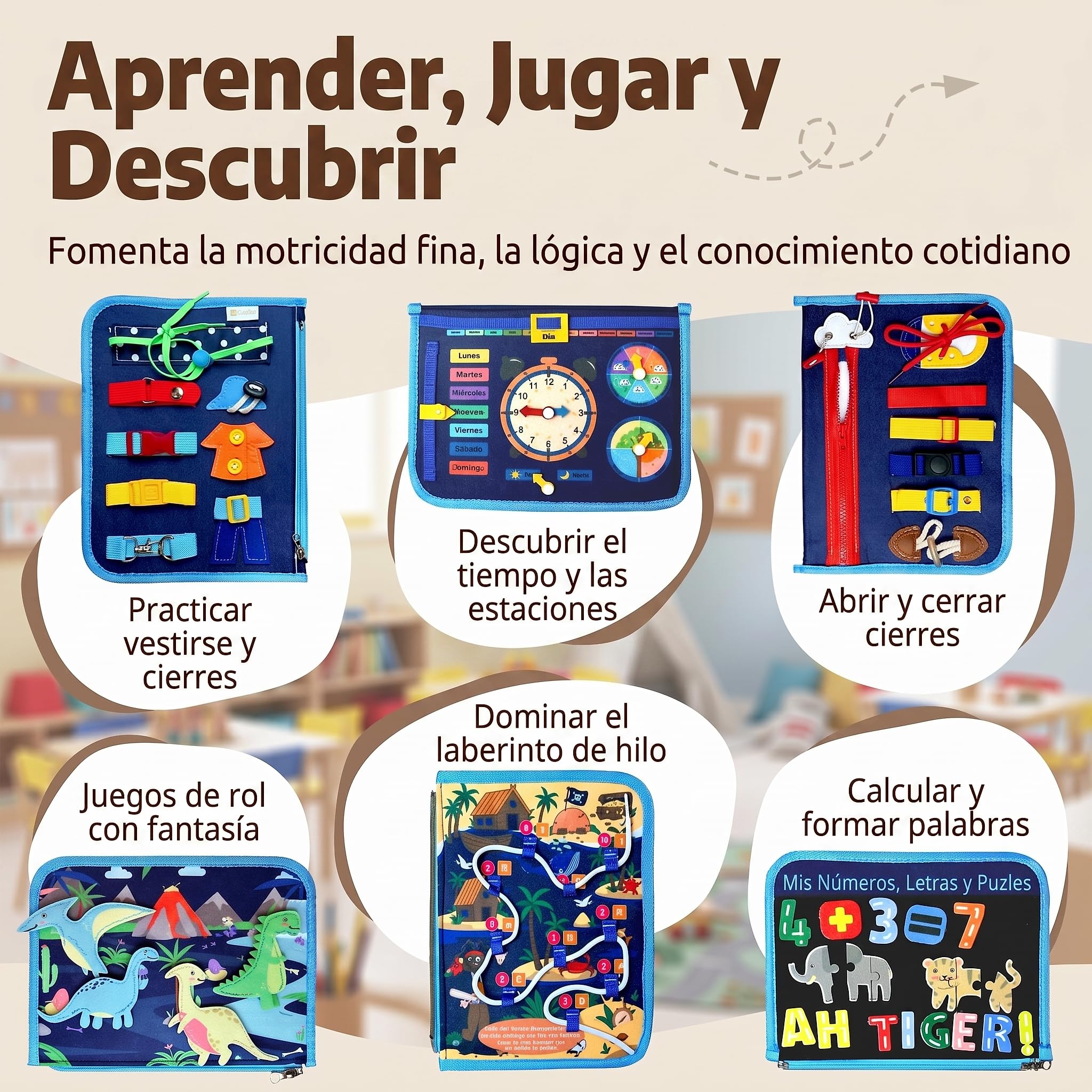 Mallie® Montessori Busy Board en Español para 1 2 3 años con Juego de rol y Marionetas – Busy Board, Libro Montessori 1 Año, Busy Book, Libro Sensorial Bebe 1 Año, Libro Montessori 2 Años