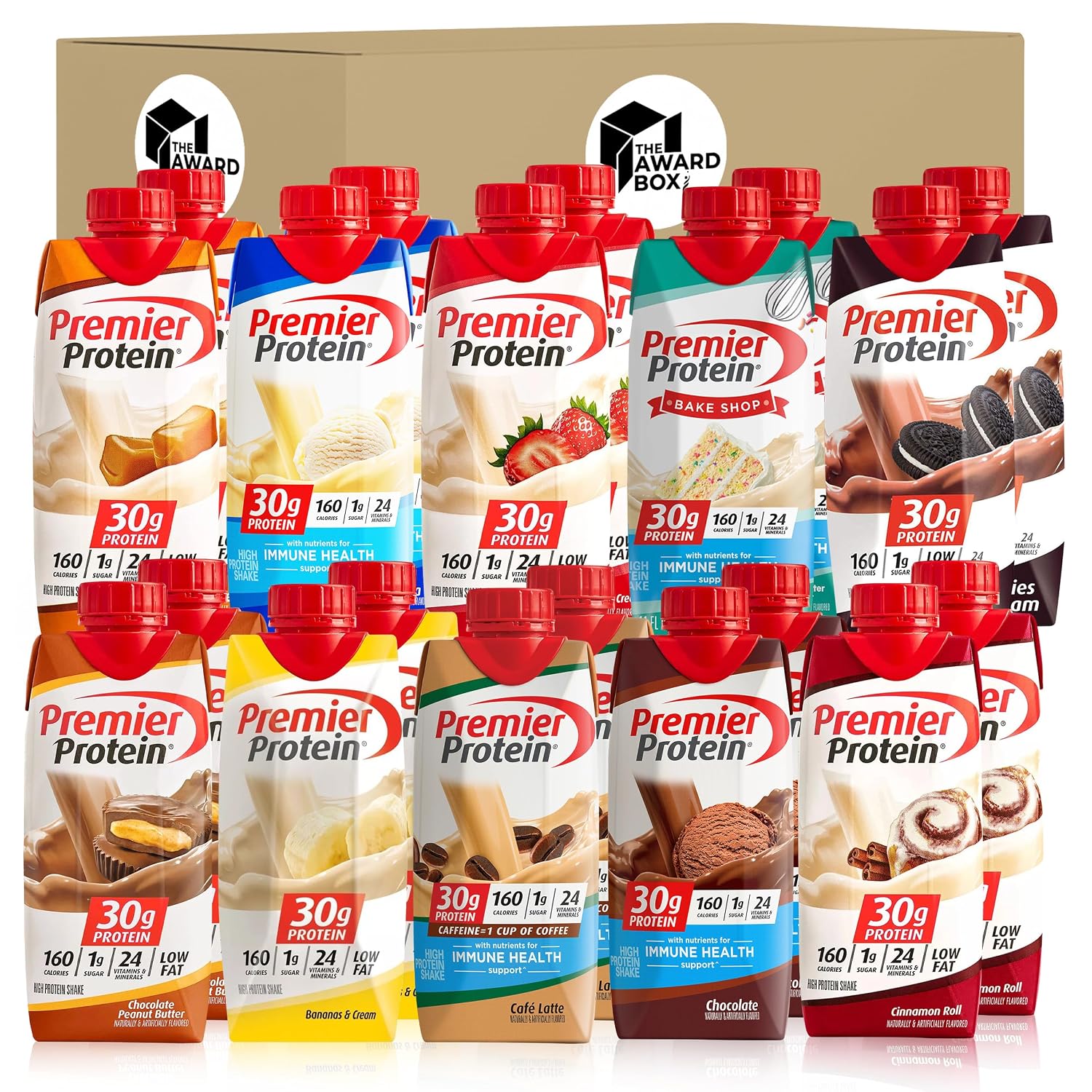 Premier Protien High Protein Shakes Variety Pack Sampler, 11 Fl. Oz Each - Cafe Latte, Chocolate, Vanilla, Caramel, Cake Batter, Chocolate Peanut Butter, Cinnamon, Banana, Strawberry, Cookies and Cream - 2 of Each Flavor (20 Pack) in The Award Box Packaging (10 Flavors)