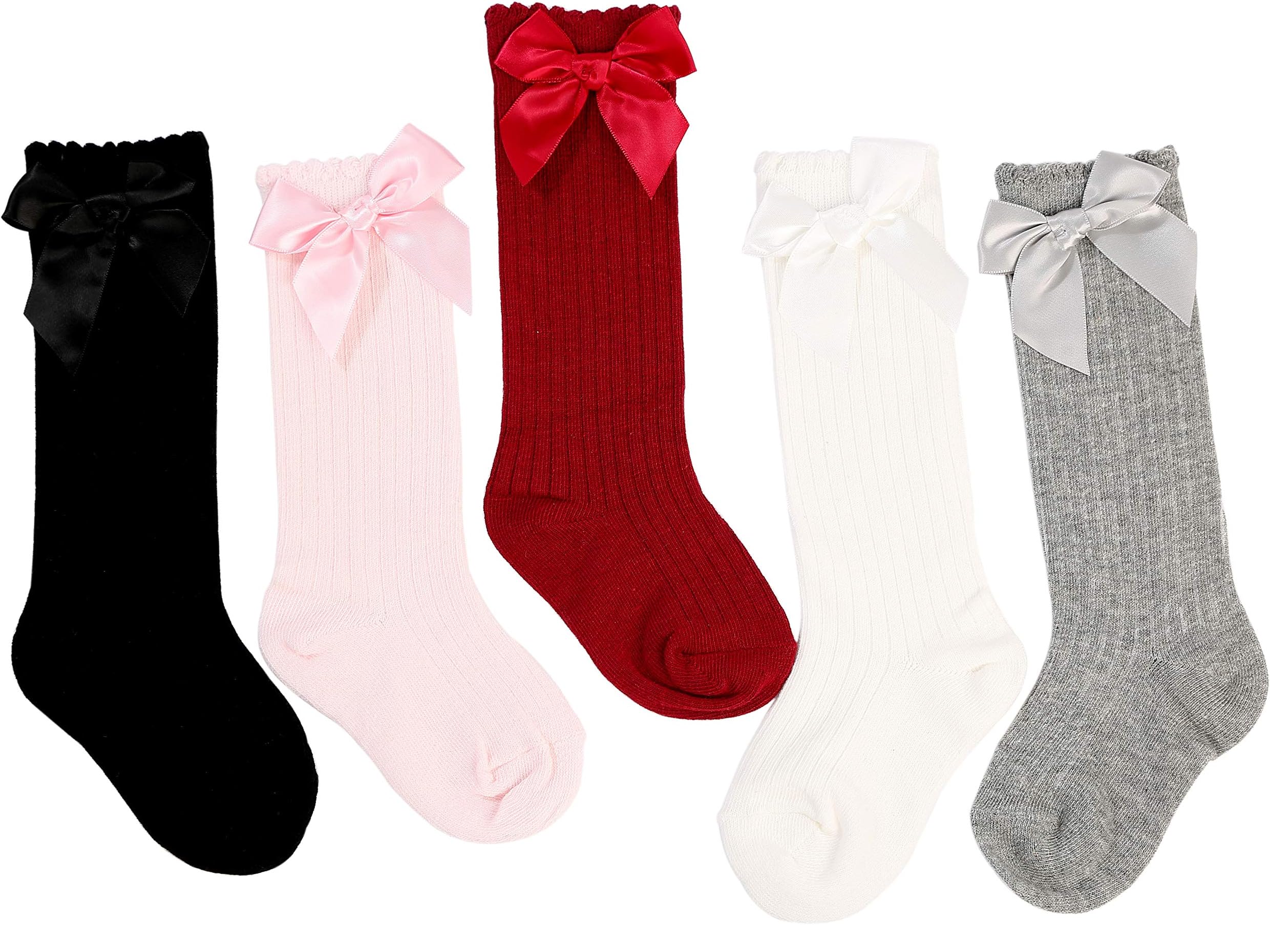 5Pairs Baby Kids Cotton Soft Knee-High Over Calf Socks Girls Striped Bowknot Bow Socks Newborn Leg Warmers Stockings