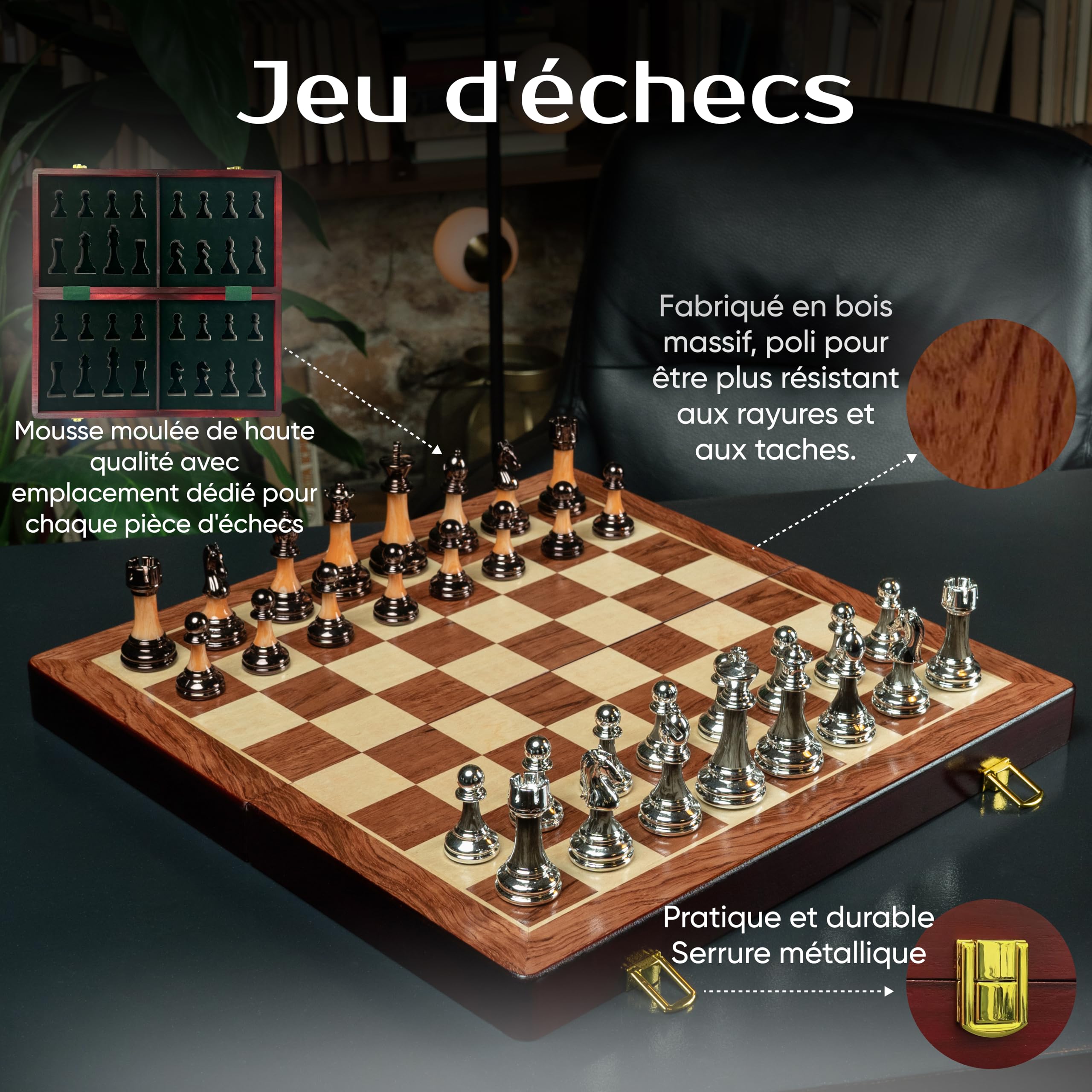 Premium Jeu d'Échecs - Échiquier Pliable en Bois avec Pièces d'Échecs Pondérées en Acrylique - Echecs en Bois Fait à la Main - Jeu de Societe Adultes