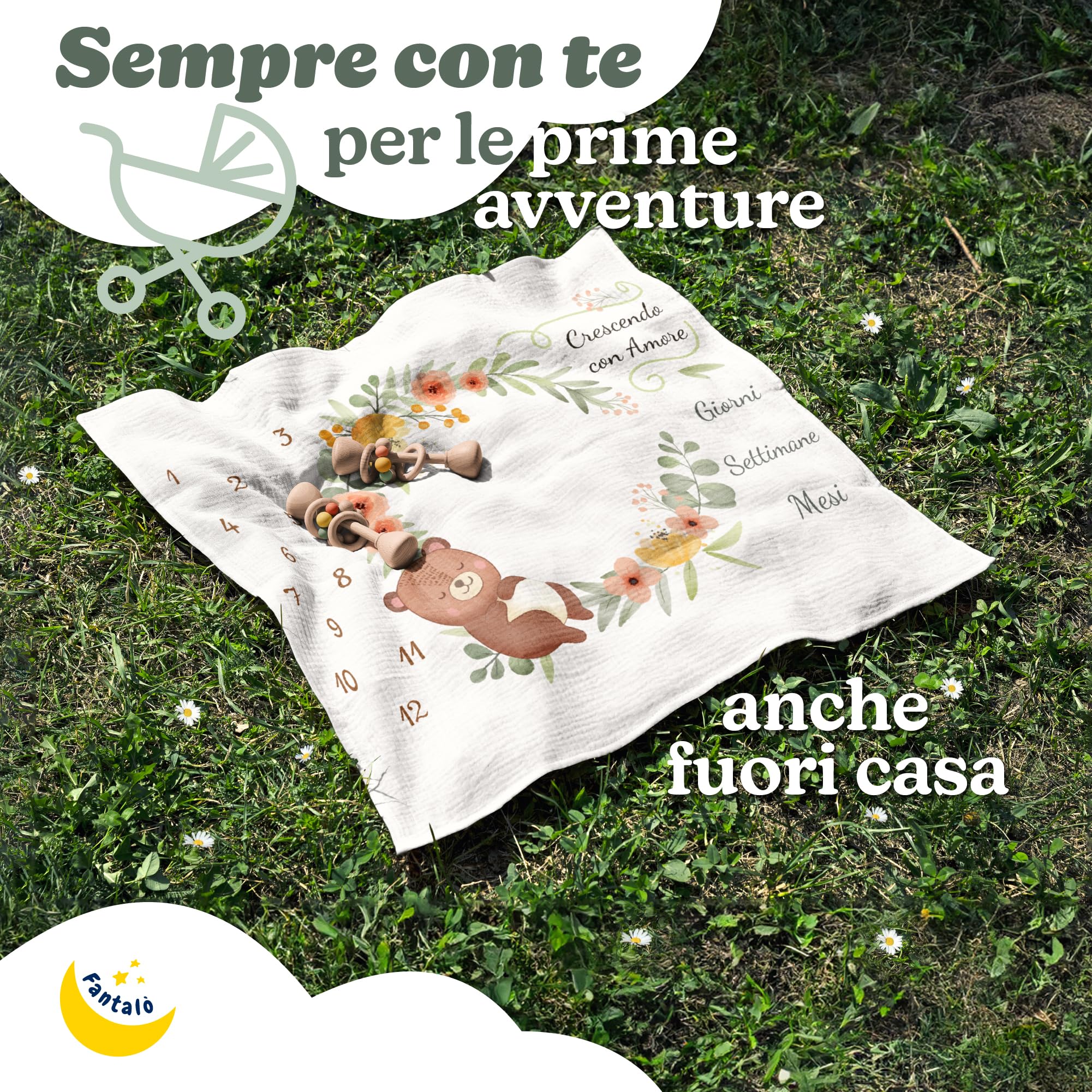 Coperta Mesi Neonato per Foto in Italiano Unisex - Tappeto Complimese Neonata Crearicordi - Idea Regalo Nascita Bimbo Indispensabile per Neogenitori (Orsacchiotto)