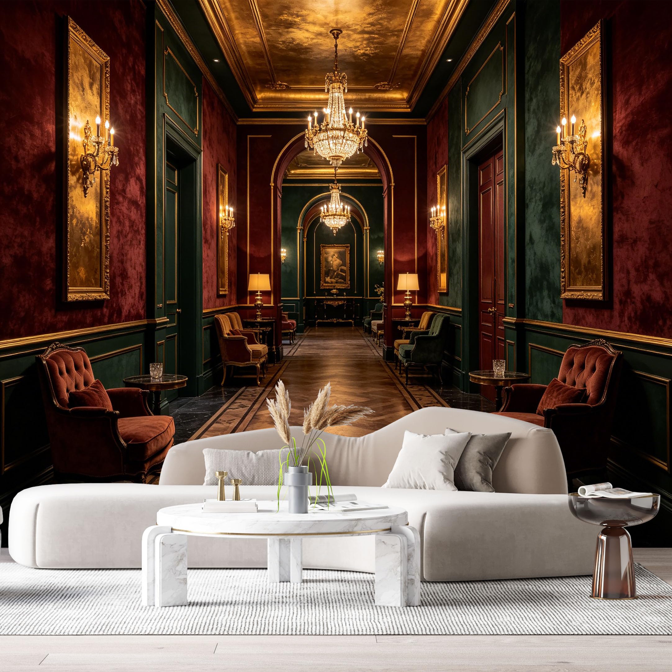 Custom Size Wall Murals Vintage Neoclassical Corridor Oil Painting Chandelier Velvet Chairs SelfAdhesive Wall Fabric Removable Large Wallpaper for Photo Living Room