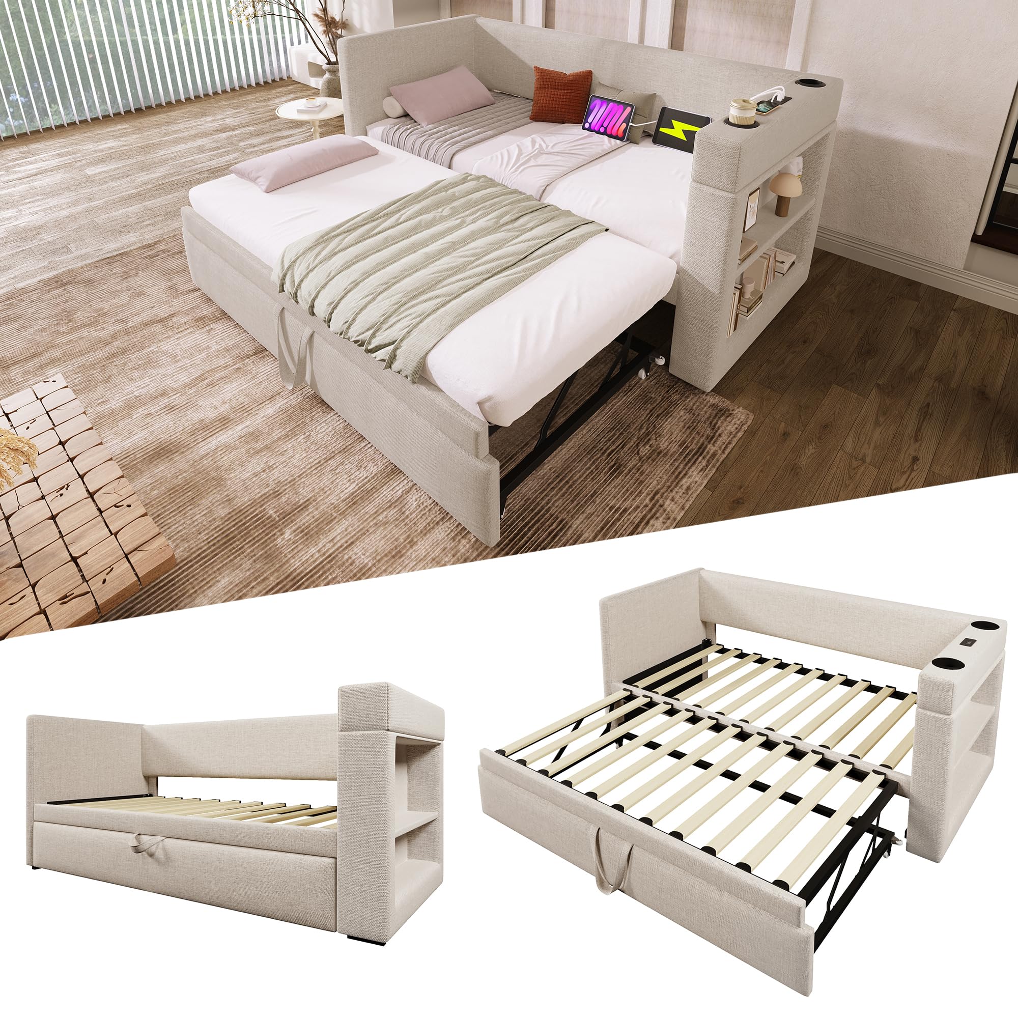 Cama de día multifunción para jóvenes, 90 x 190 cm, cama nido con puertos USB Type-C y USB y soporte para bebidas, cama infantil, cama tapizada, cama plegable, cama de invitados, beige (sin