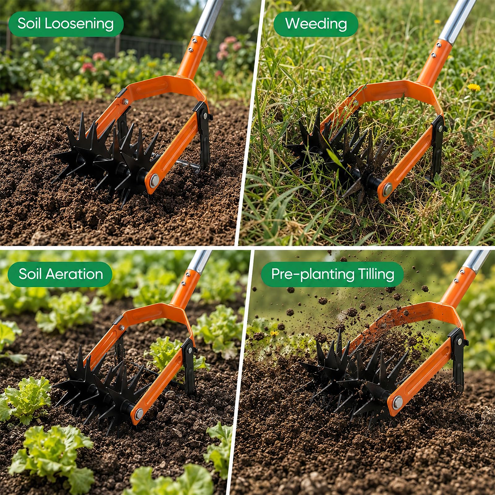 Coltivatore rotativo e zappa oscillante 2 in 1,Coltivatore a ruota stellata | 184 cm Coltivatore giardino Coltivatore giardino con denti rimovibili per smuovere il terreno ed eliminare le erbacce