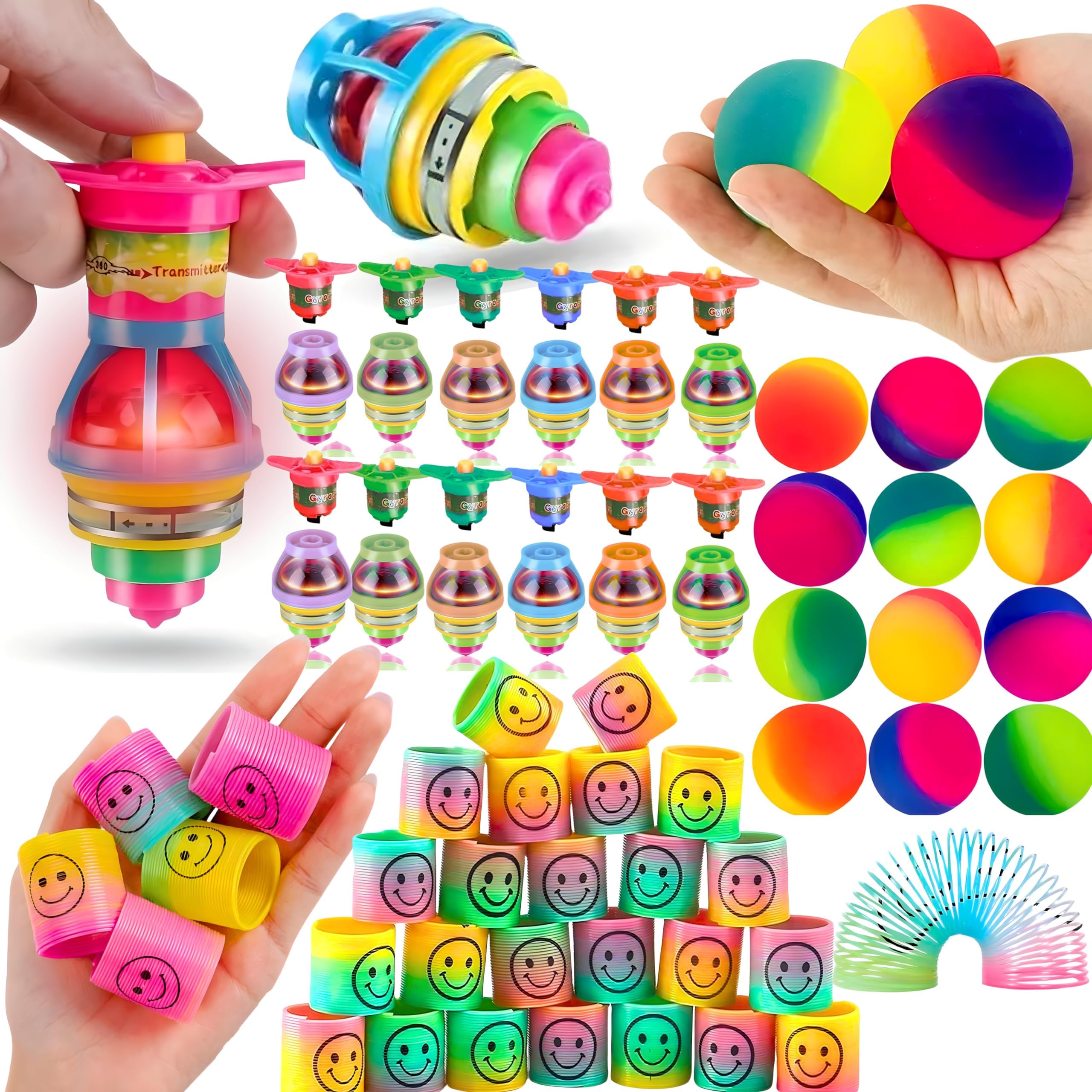 AYBIA Party Favors For Kids (12 Bouncy Balls & 12 Smiley Face Rainbow Spring, 12 Flashing Gyro Spinner) party supplies Spinning Tops, Bouncy Balls, Smiley Face Rainbow Spring For Kids Birthday Party