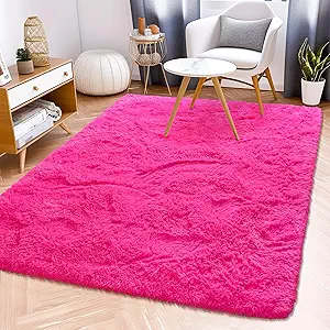 Fluffy Rug Stain Resistant 3x5 Feet, Hot Pink Cute Rugs for Bedroom Aesthetic, Modern Plush Area Rugs for Bedroom