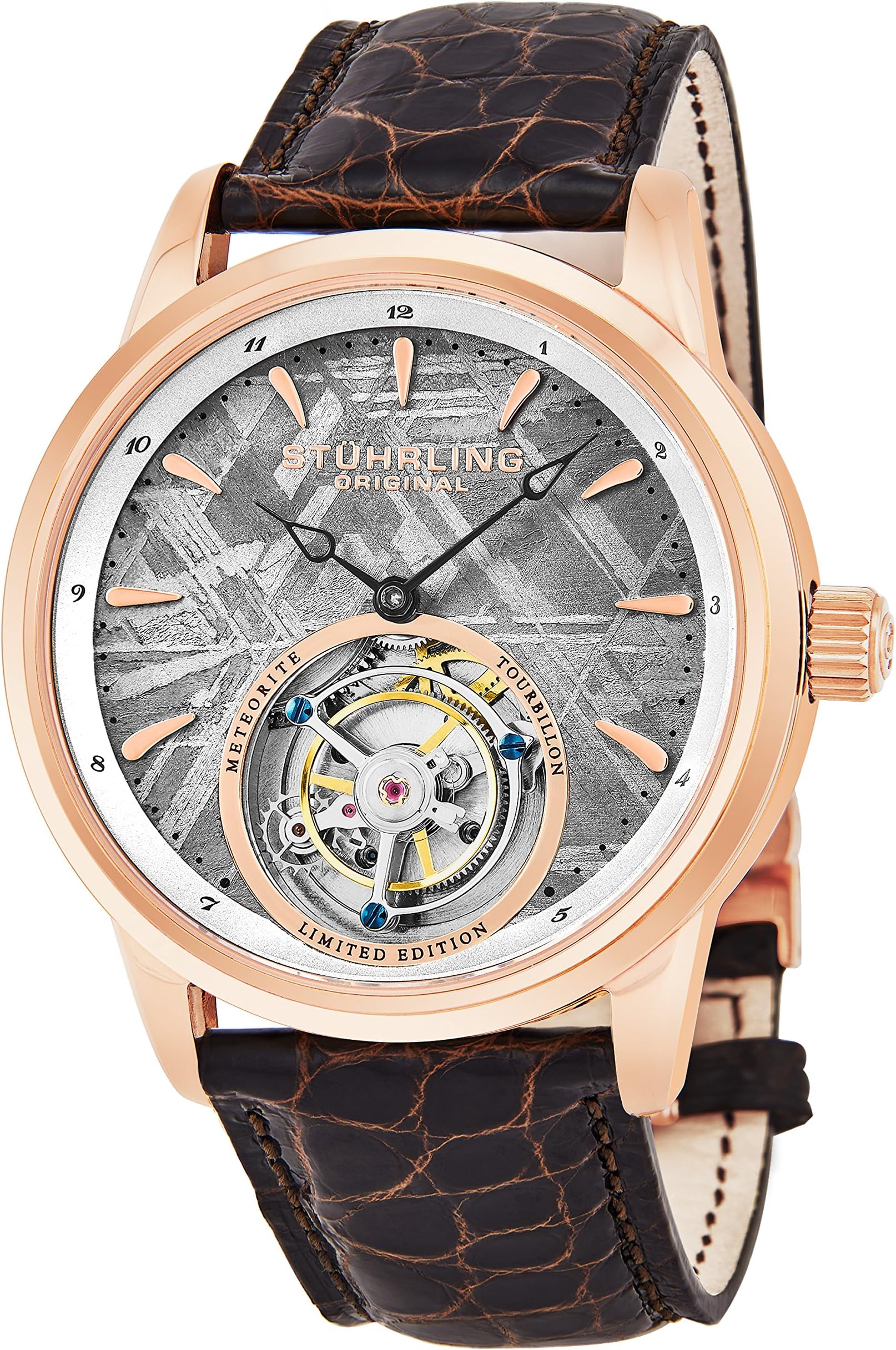 Stuhrling Original Mens Mechanical Tourbillon Watch, Grey Meteorite Dial, Sapphire Crystal, Stainless Steel, Genuine Alligator Leather Strap with Dual Deployant Clasp, 860 Series Limited Edition