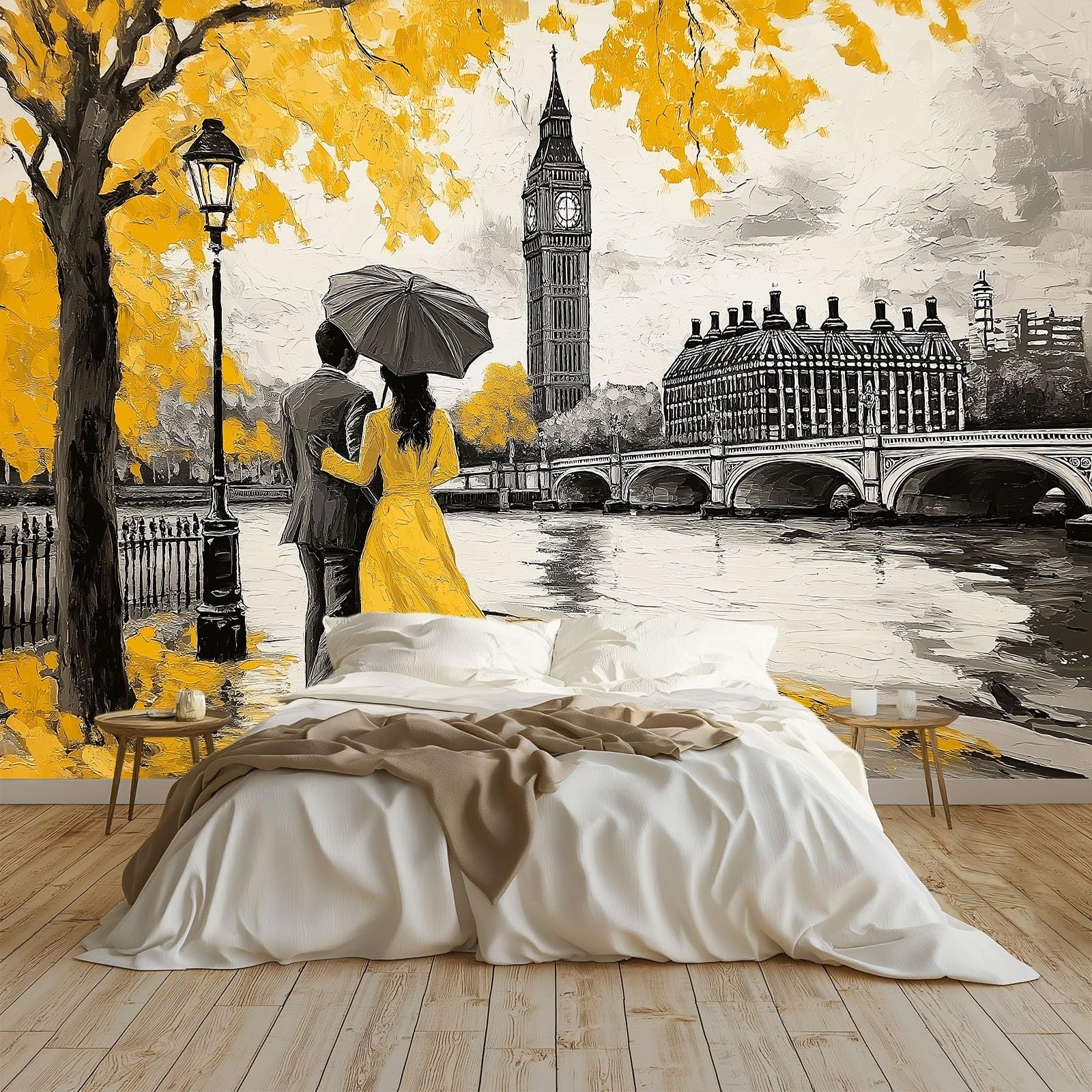 Art Papel Tapiz Fotográfico Pintura Al Óleo Londres Amor Amarillo Papel Pintado no Tejido 400x280 cm Lana Decoración de Pared Sala Cuarto Póster Mural para Sala de estar Dormitorio Decoración, Gris
