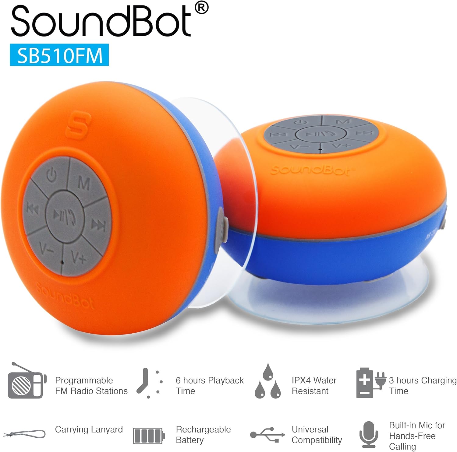 SoundBot SB510FM FM RADIO Water Resistant Bluetooth Wireless 5W Shower Speaker HandsFree Portable Speakerphone w/ Auto-Scan Tuner, 6Hrs Music Streaming, Built-in Mic, Detachable Suction Cup, Lanyard
