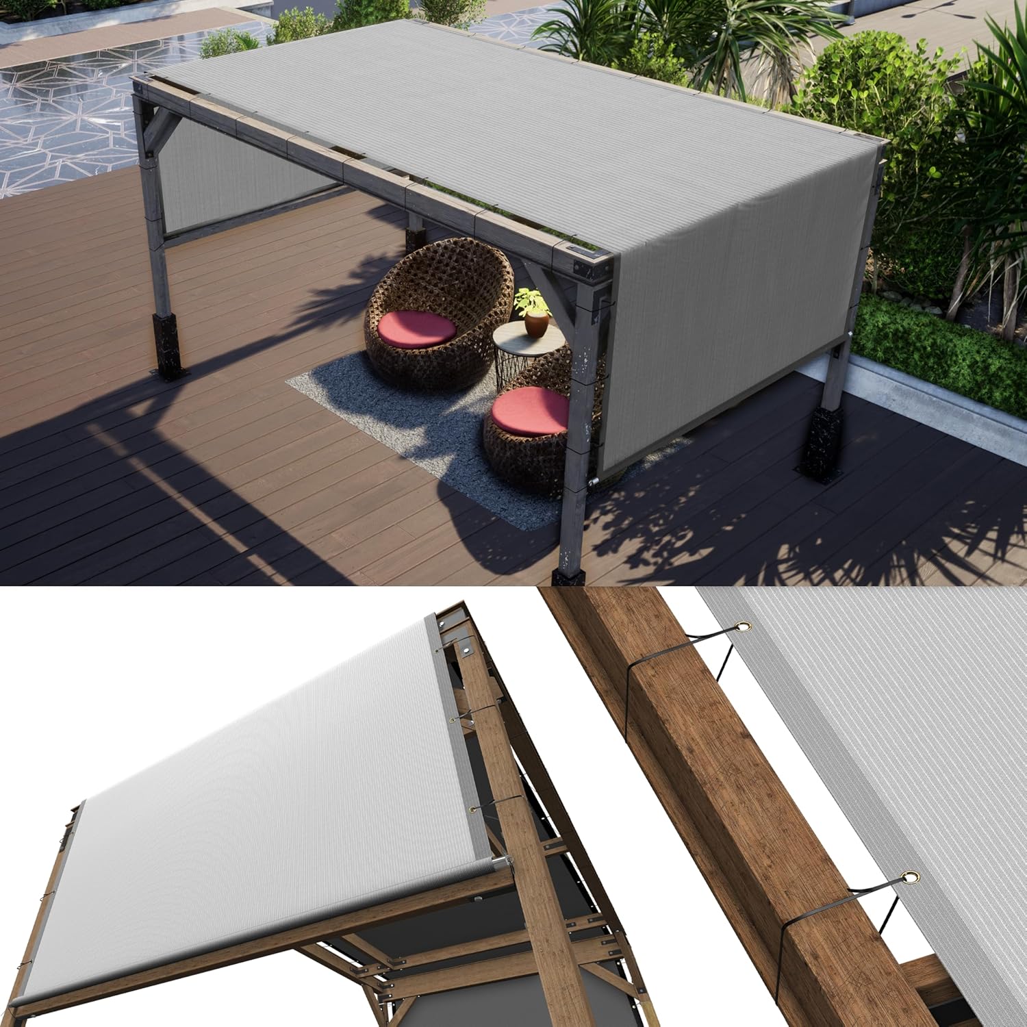 ColourTree 8' W x 12' L Grey Pergola Sun Shade Canopy Replacement Cover UPF50 & Commercial Grade 260 GSM Cloth for Outdoor Patio, Includes Stainless Steel Weighted Rods (We Make Custom Size)