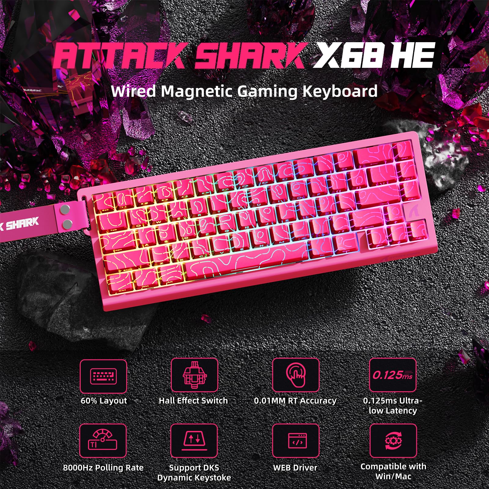 ATTACK SHARK X68 HE Teclado Magnético con Cable con X3 Ratón Gaming Inalámbrico Combo, Teclado de Activación Rápida 8KHz, Precisión RT 0.01mm, Ratón SUPERLIGERO, PAW3395, 26000 dpi - Contornos Rosas