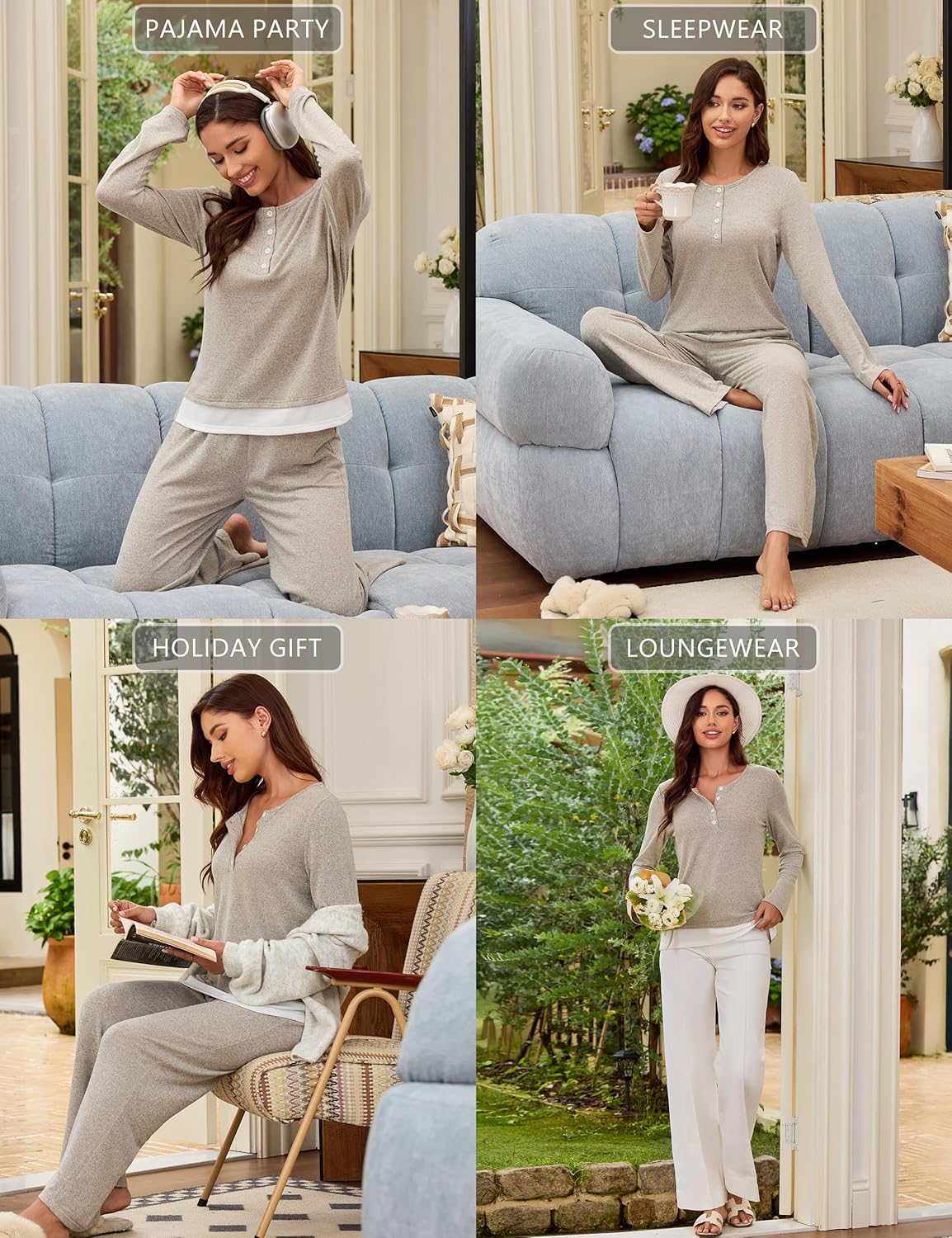 Blooming Jelly Women 2 Piece Pajama Set Button Up Color Block Soft Fall Lounge Sets Wide Leg Pants Sleepwear Pockets - Image 6