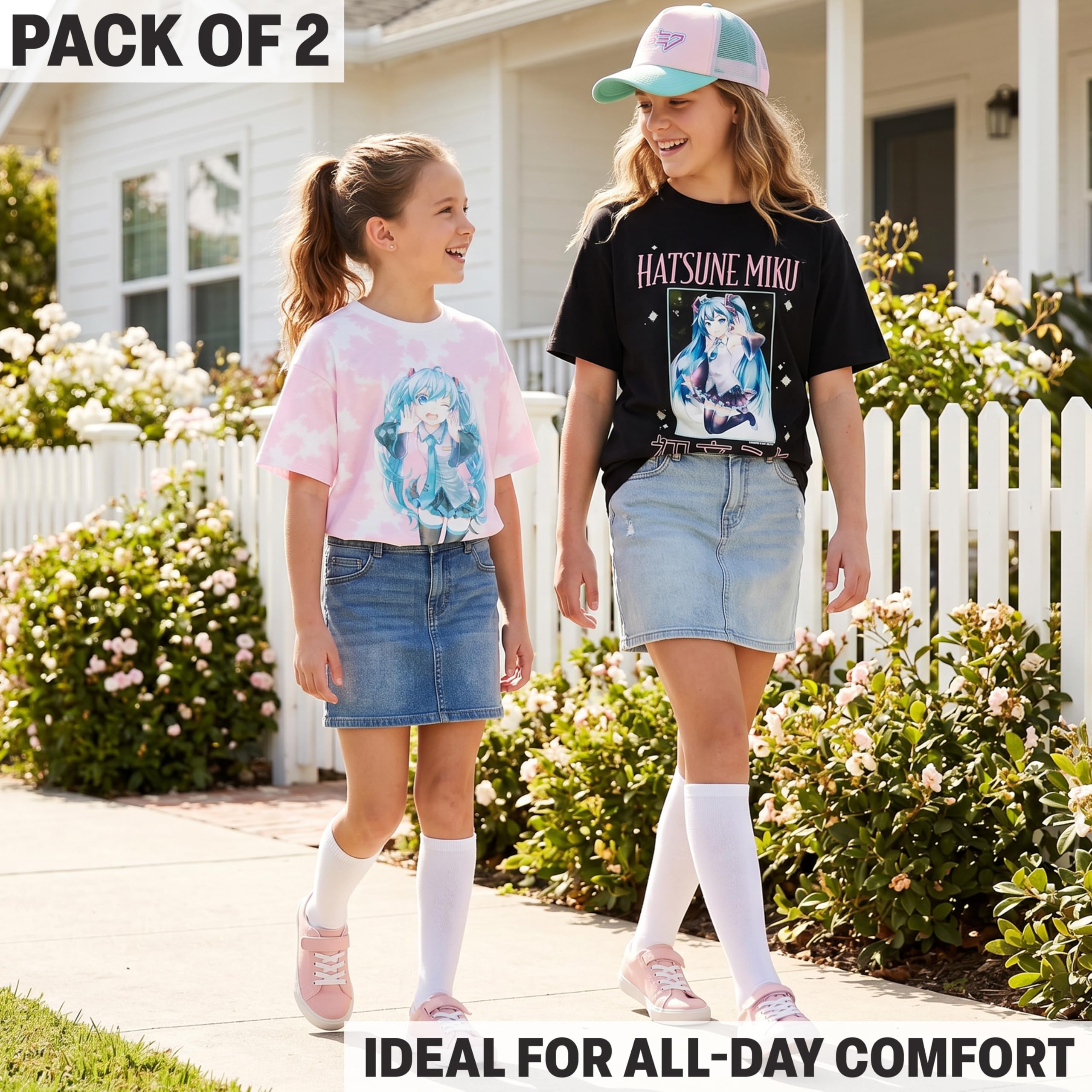 Hatsune Miku Camiseta Niña Manga Corta 7-16 Años, Pack 2 Camisetas 100% Algodón, Ropa de Verano Cómoda para Uso Diario, Regalo Niñas (11-12 Años, Rosa/Negro)