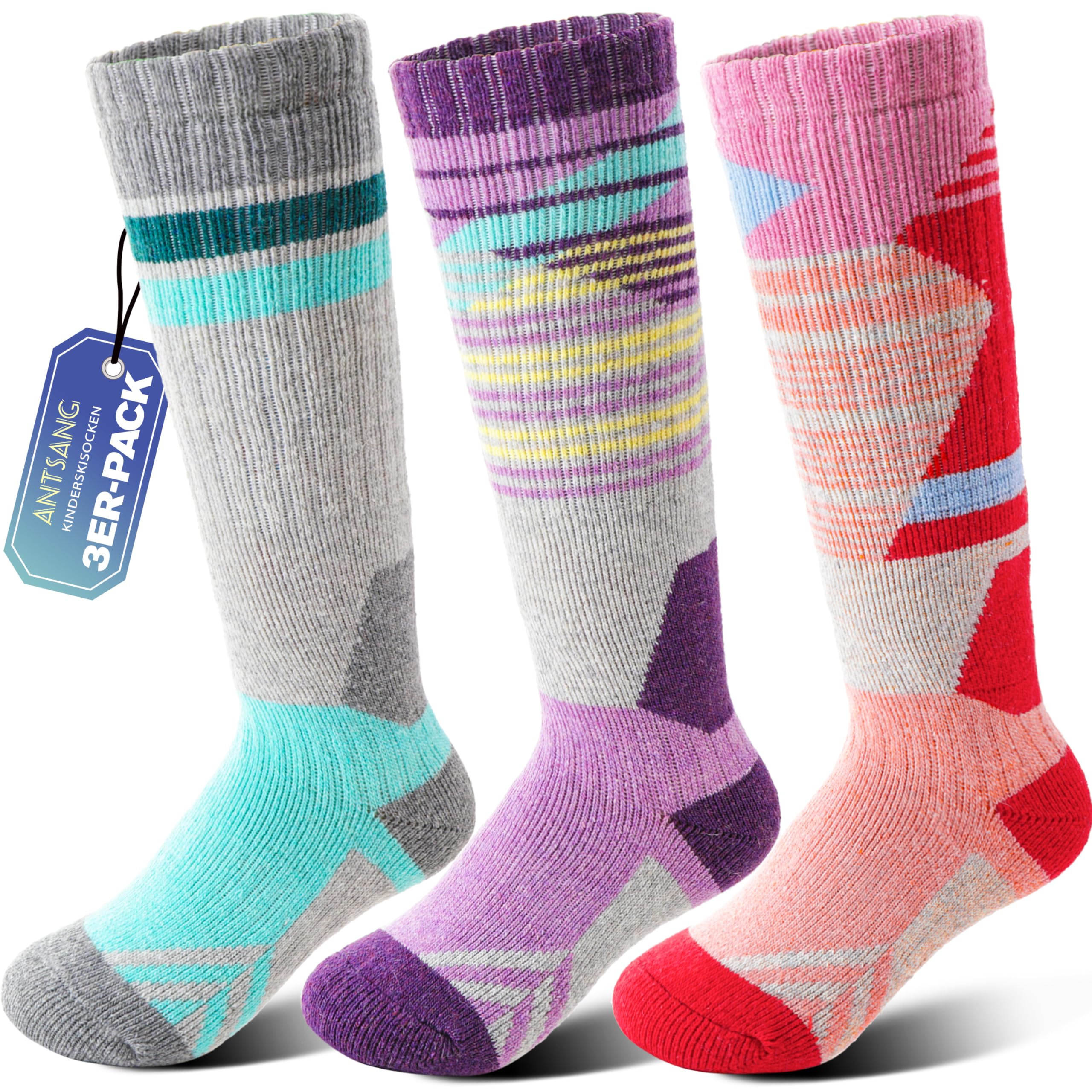 ANTSANG 3 Paar Kinder Merino Woll Skisocken für Jungen und Mädchen Thermische warme dicke Wintersocken mit Polsterung für Snowboarden und Skifahren