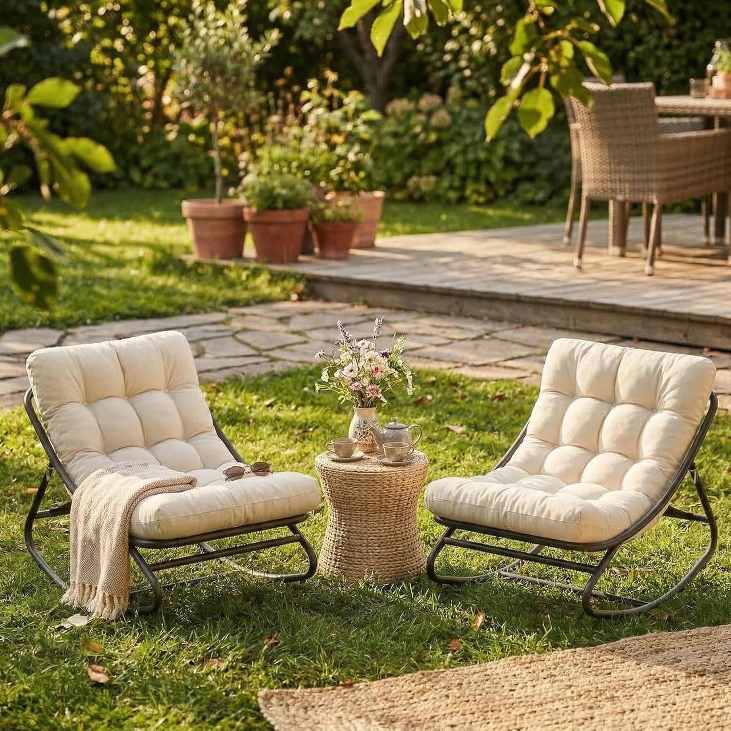 GarveeLife Papasan Rocking Chair, Indoor Outdoor Metal Patio Rocker with Comfy Cushion, 300+ lb Capacity, Waterproof Machine-Washable Cushion Cover, for Porch, Garden, Nursery(Beige)