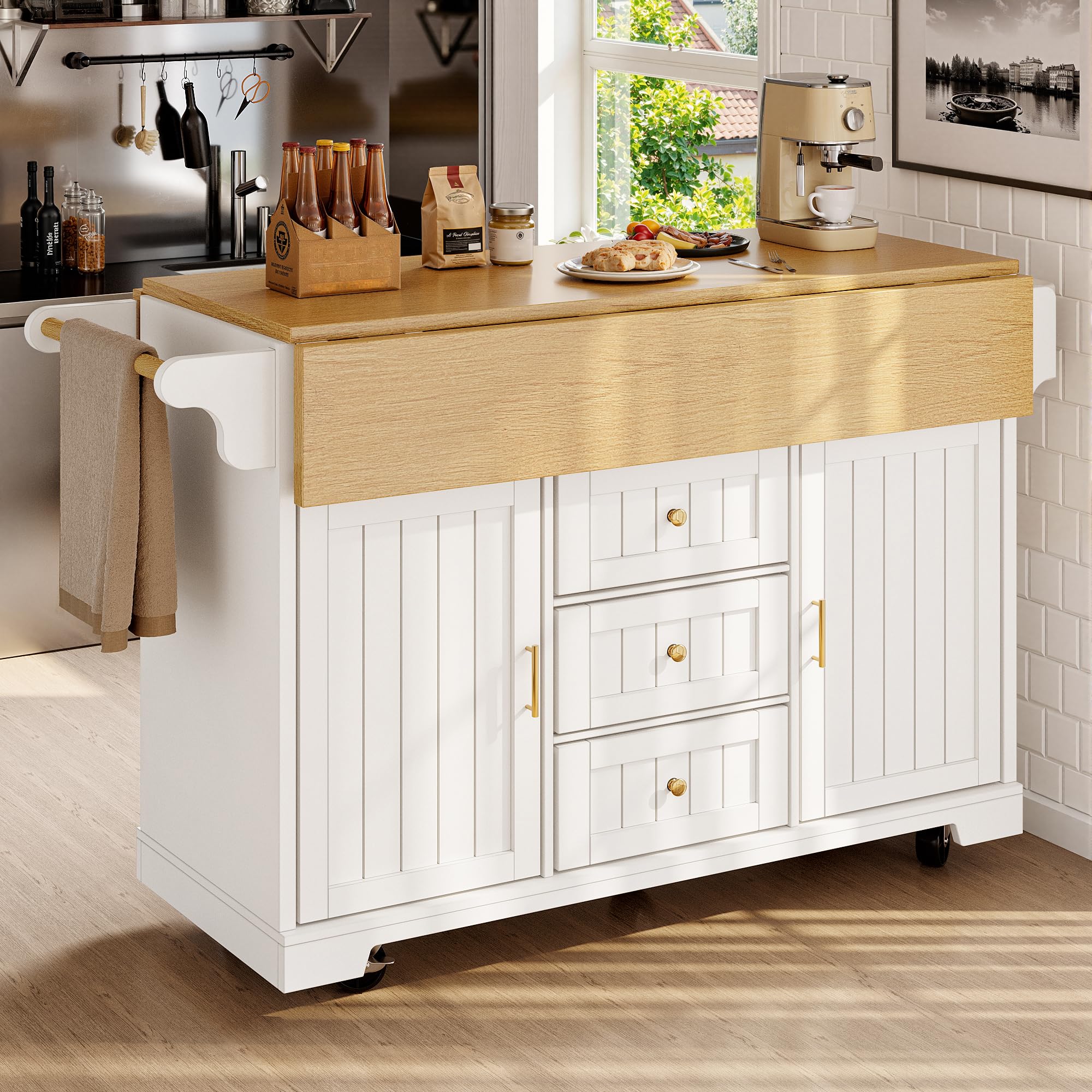 Sapgaks Îlot de Cuisine,Meuble,Buffet 120 x 40 (80) x 95 cm,Chariot de Cuisine Extensible à roulettes, Extensible des Deux côtés, avec Porte-Serviettes et étagère à épices,Trois tiroirs,(Blanc-4)
