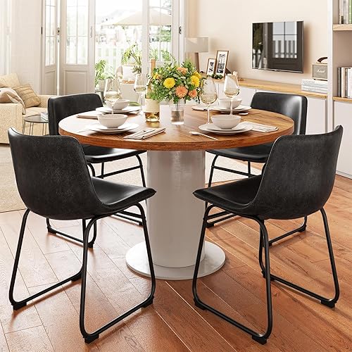 Dining Chairs Set of 4, PU Leather Armless Dinner Chairs with Backrest, 18" Modern Kitchen Dining Room Chair with Metal Legs for Home (Black)