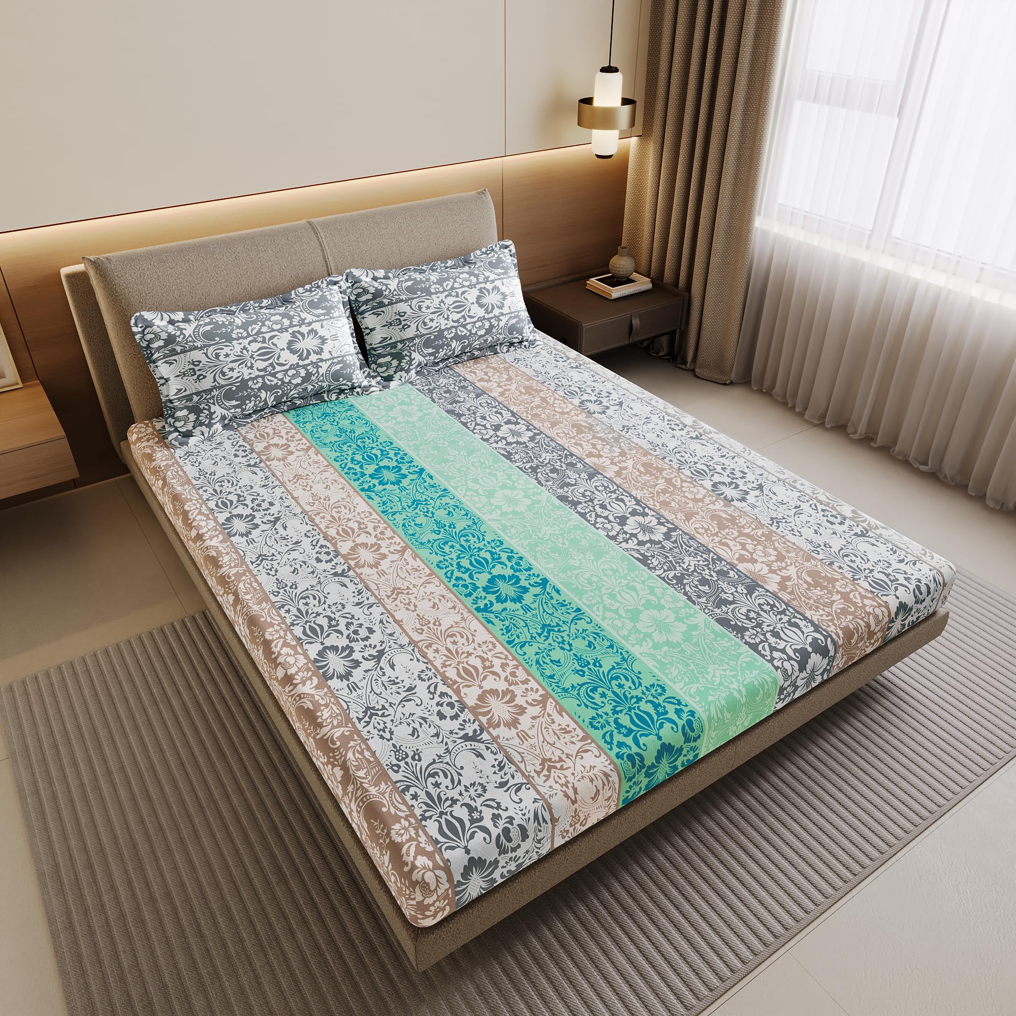 Divine Casa 100% Cotton Bedsheet for Double Bed with 2 Pillow Covers | Soft Comfortable Breathable Bedding Set | Wrinkle Free 144 TC Cotton Fabric | 222 x 254 cm (Grey & Blue, Floral)