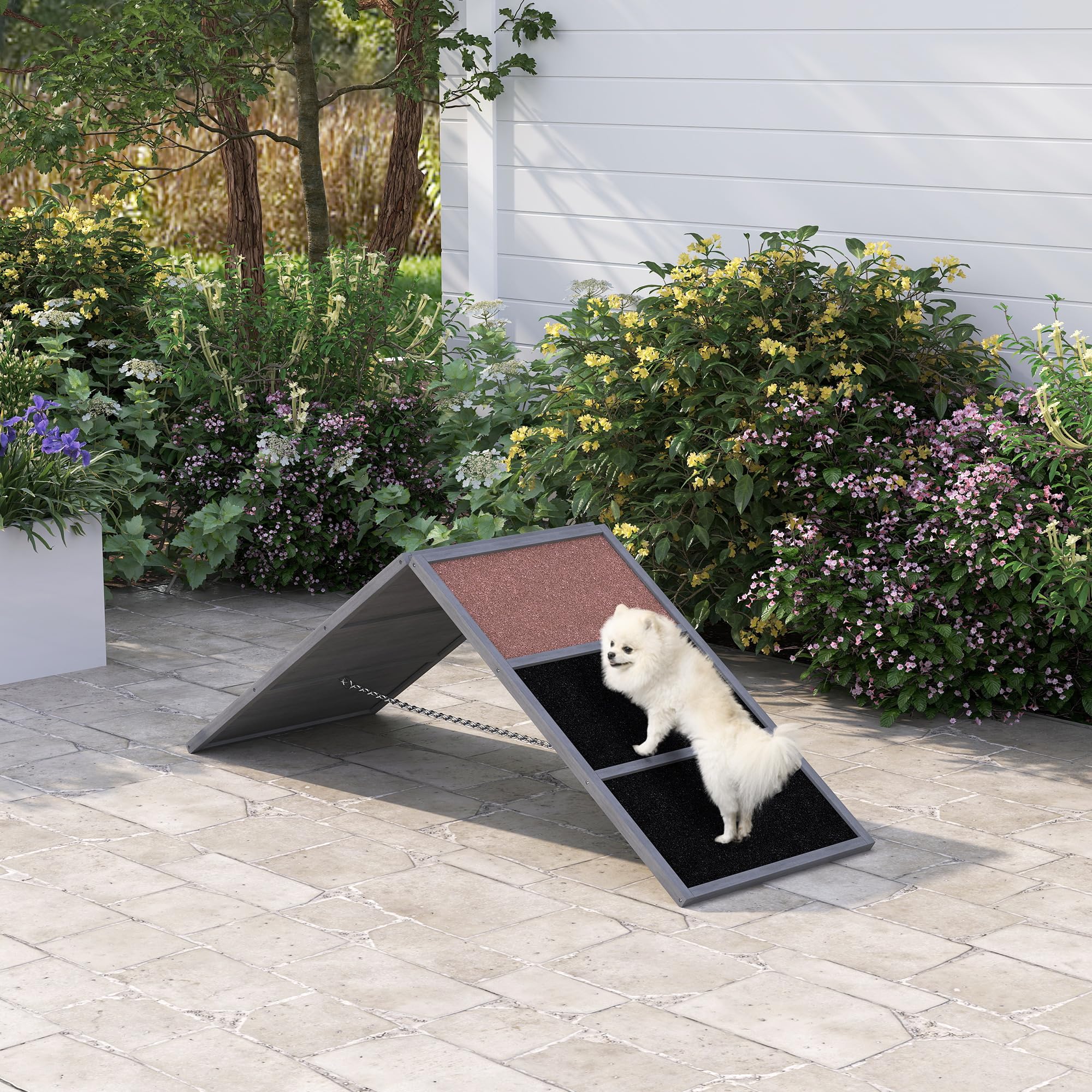PawHut Hunde Agility Steg, Agility-Ausrüstung für Hunde mit rutschfeste Oberfläche, A-Rahmen, höhenvertstellbar Agility-Gerät belastbar bis 40 kg, für Garten, 173 x 59 x 66 cm, Grau