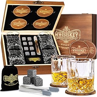 Whisiskey Whisky Gläser Set - Whiskey Geschenkset Glas - Whiskygläser - Geschenke für Männer - Männergeschenke - Geburtstagsgeschenk Mann - Geschenkbox, 4 Rum Gläser, 8 Whiskey Steine