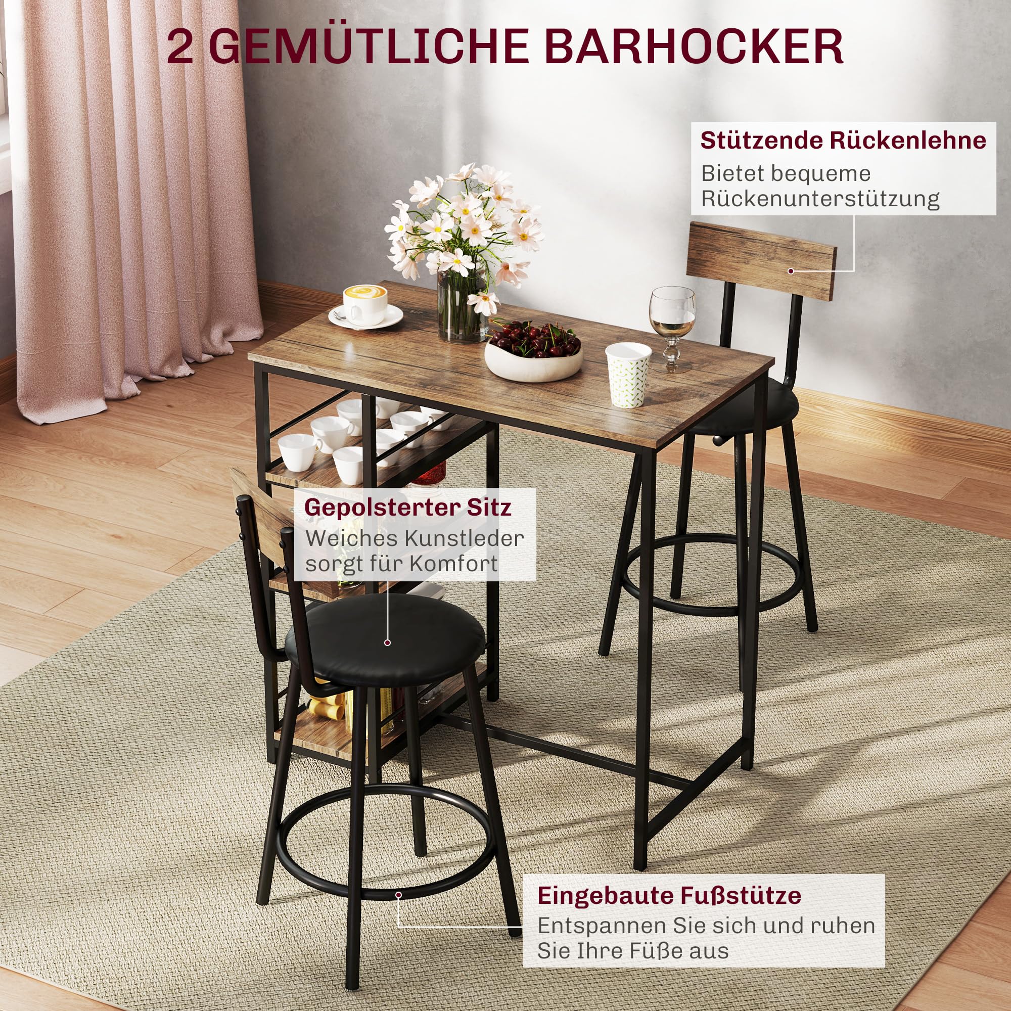 HOMCOM Bartisch mit Barhocker Set, Bartisch-Set für 2 Personen mit 2 Gepolsterten Barstühlen, Rückenlehne, Küchentisch mit 3 Ablagen, im Modern-Stil, Bartheke für Esszimmer, Küche, Stahl, Eiche