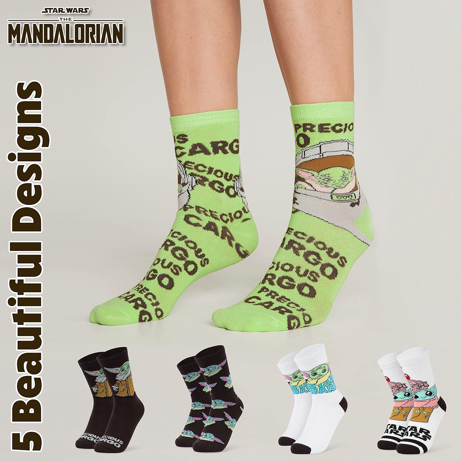 Disney Womens Novelty Socks, Pack of 5 Soft Calf Socks - Gifts for her (Green Baby Yoda)