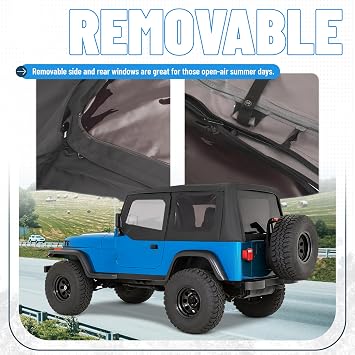 Convertible Soft Top Kit Compatible with 1987-1995 Jeep Wrangler YJ Black Soft Roof w/Upper Half Doors and Tinted Plastic Windows & Aluminum + Steel Mounting Frames Complete Replacement