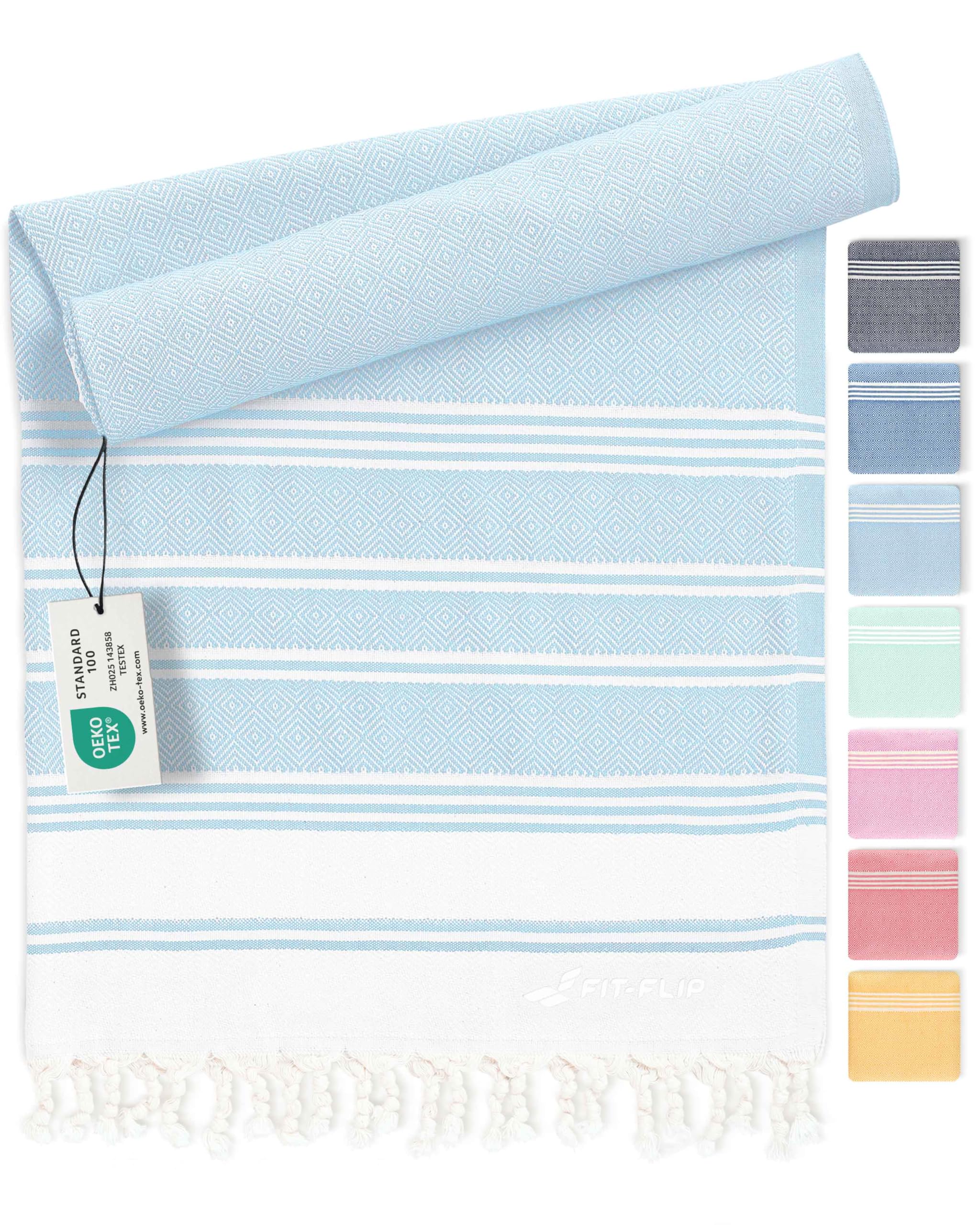 Fit-Flip Hamamtuch aus 100% Baumwolle – saugfähig und schnelltrocknend – türkisches Saunatuch, Strandtuch, Duschtuch, Badetuch, Yogatuch – Ice Blue – 100x200cm Diamond