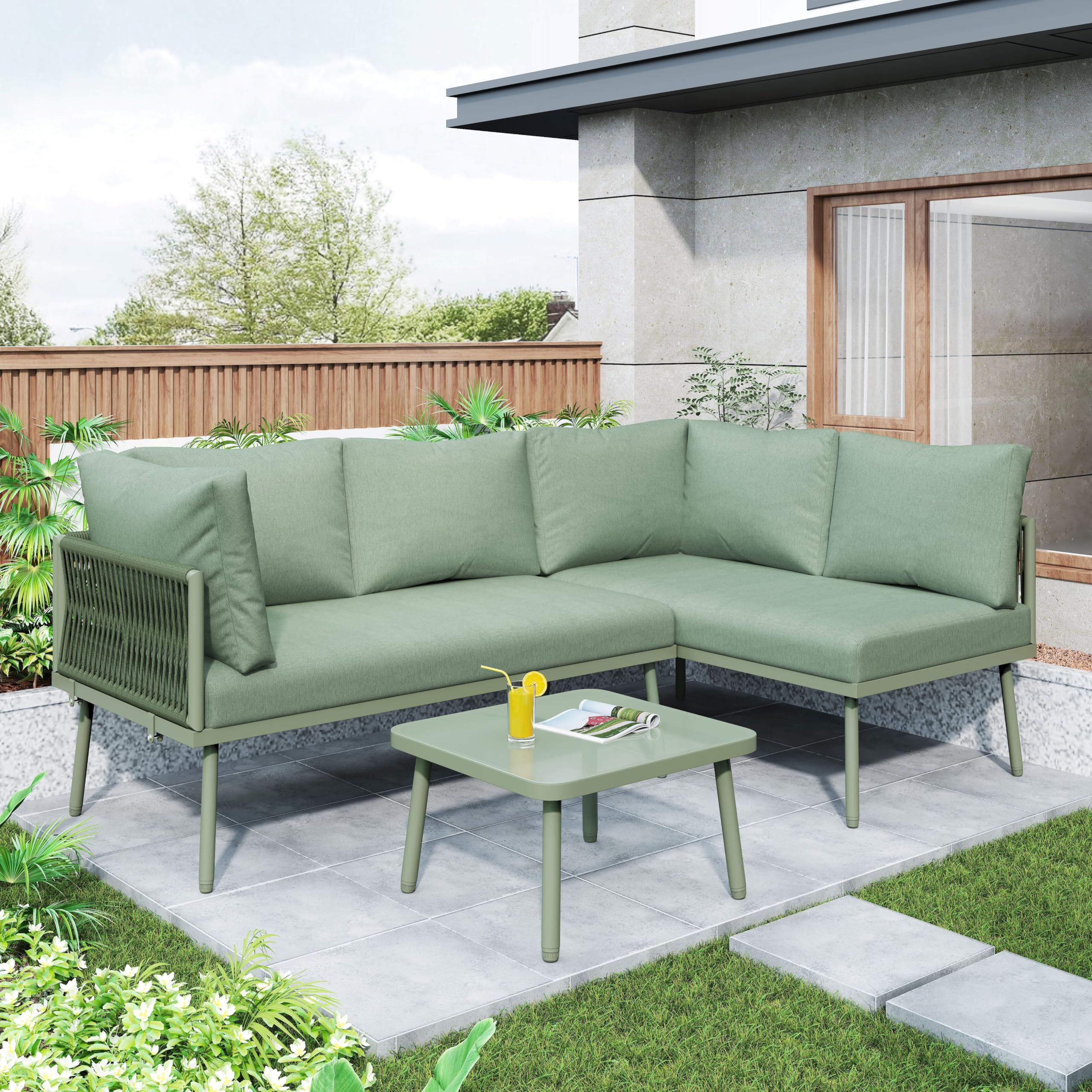 Zepneiy Set di mobili da giardino lounge per esterni, set di mobili da giardino a forma di L, con 2 divani e 1 tavolo, mobili da balcone, divano da giardino in ferro e corda verde, con cuscino di