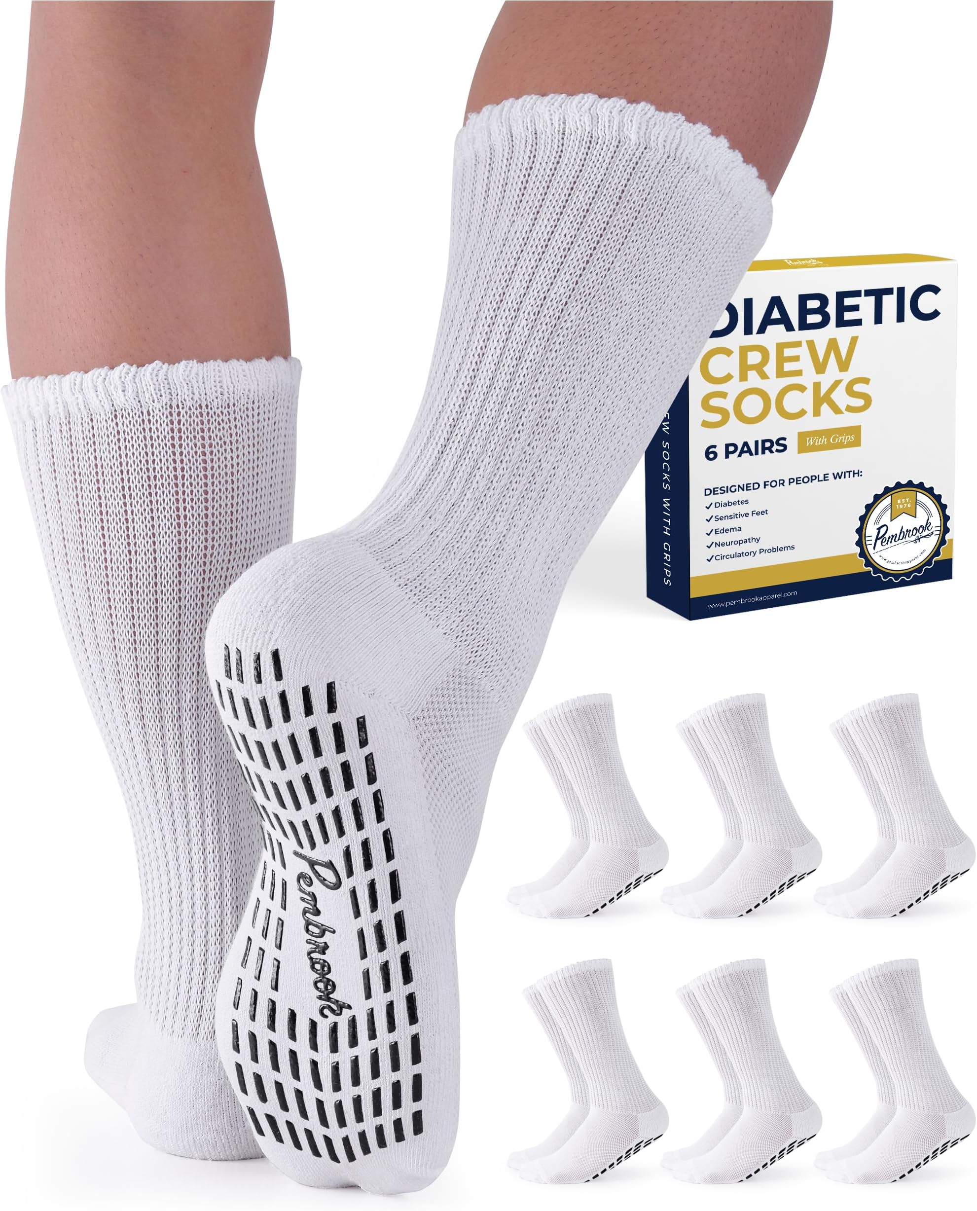 Pembrook 6 Pairs Diabetic Socks with Grippers for Men & Women - 12 Colors Neuropathy Socks for Women | Edema Socks