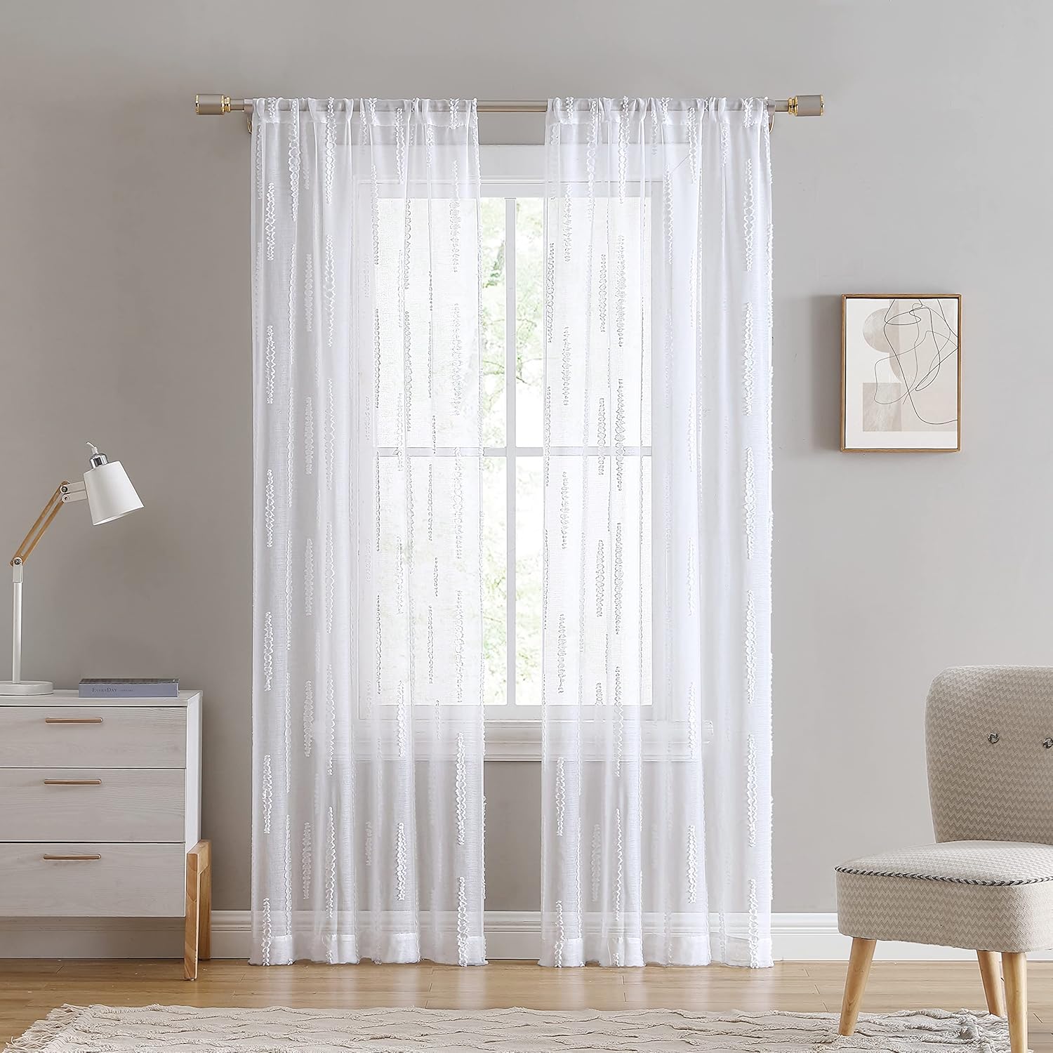 White Sheer Polyester Rod Pocket Window Curtain Panels, 84" Length